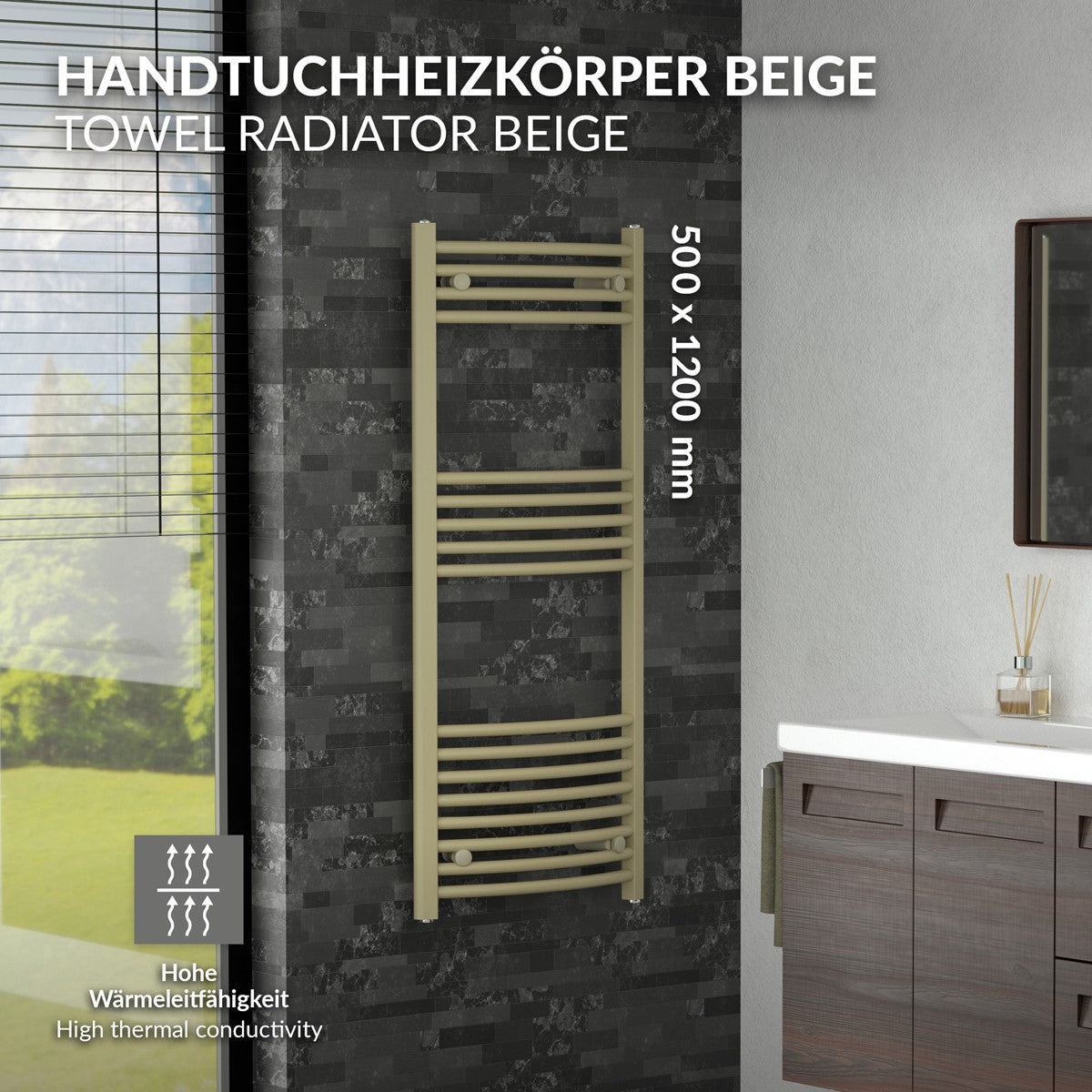 Beiger Handtuchheizkörper an einer Wand mit Möbeln.