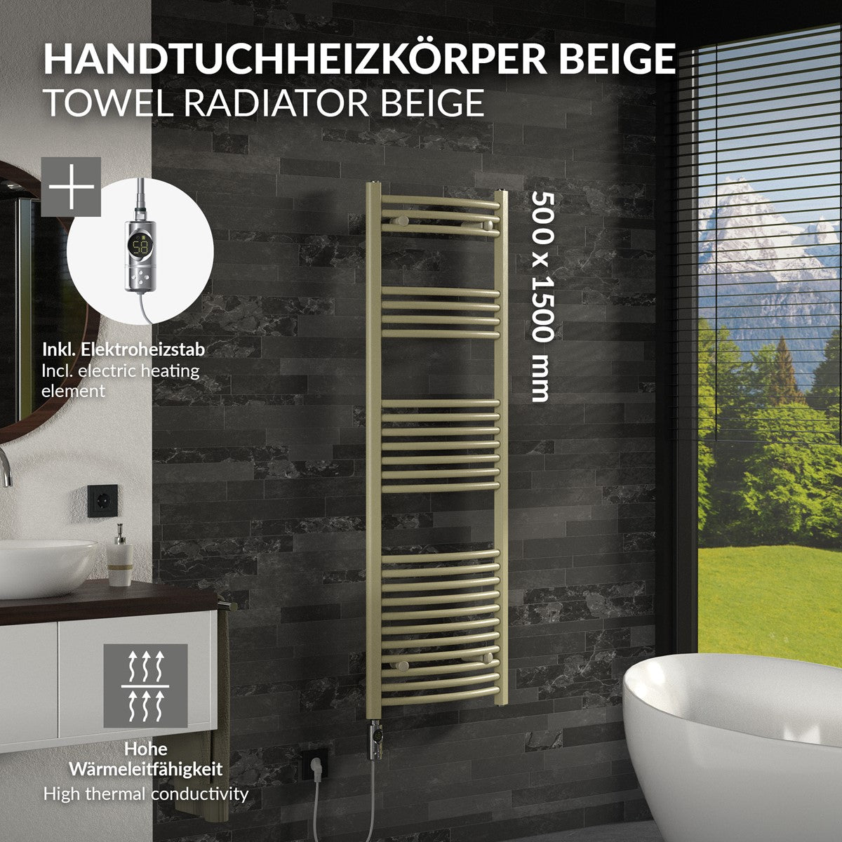 Beige Handtuchheizkörper mit Abmessungen und Informationen zur Wärmeleistung.