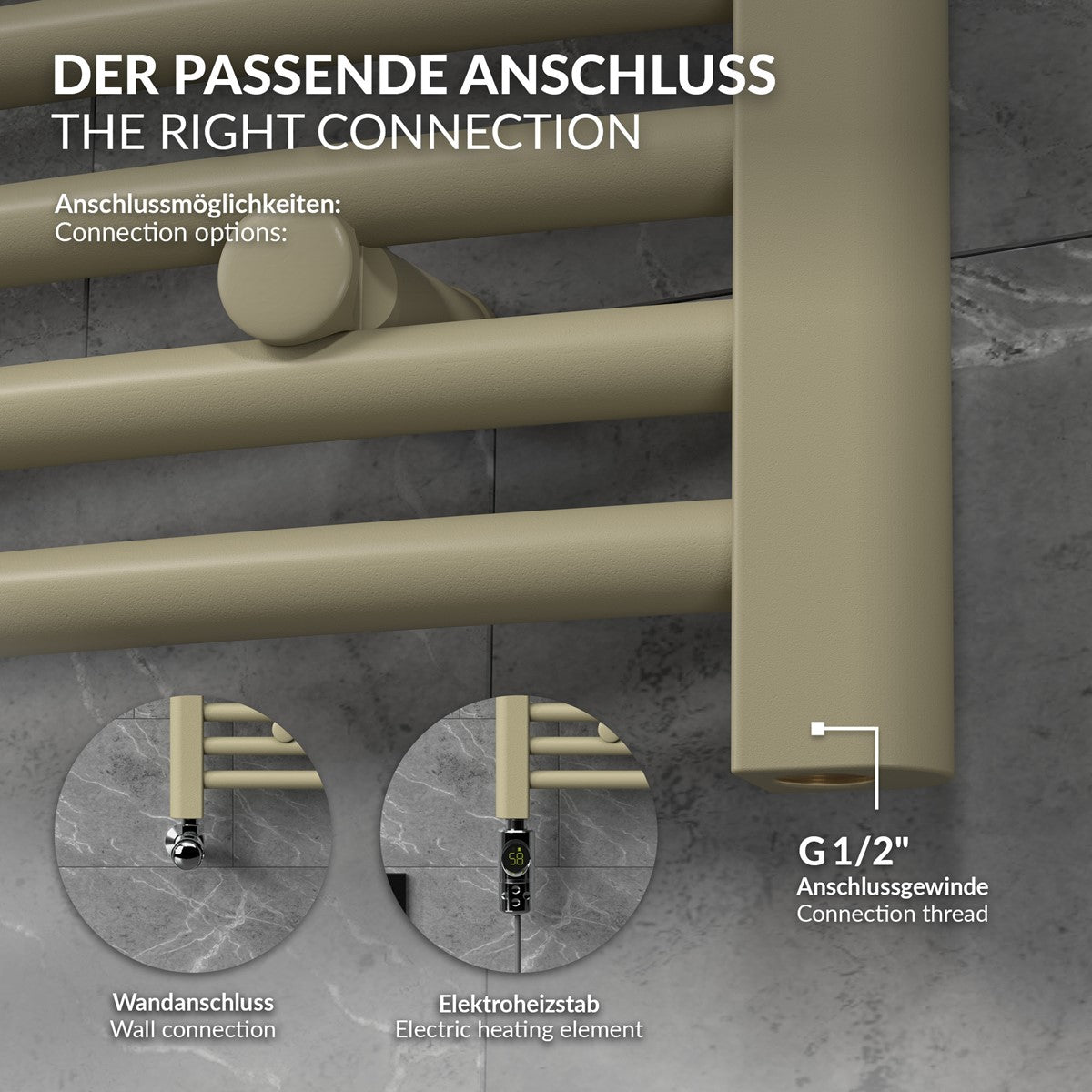 Detailansicht eines Handtuchheizkörpers mit Anschlussmöglichkeiten.