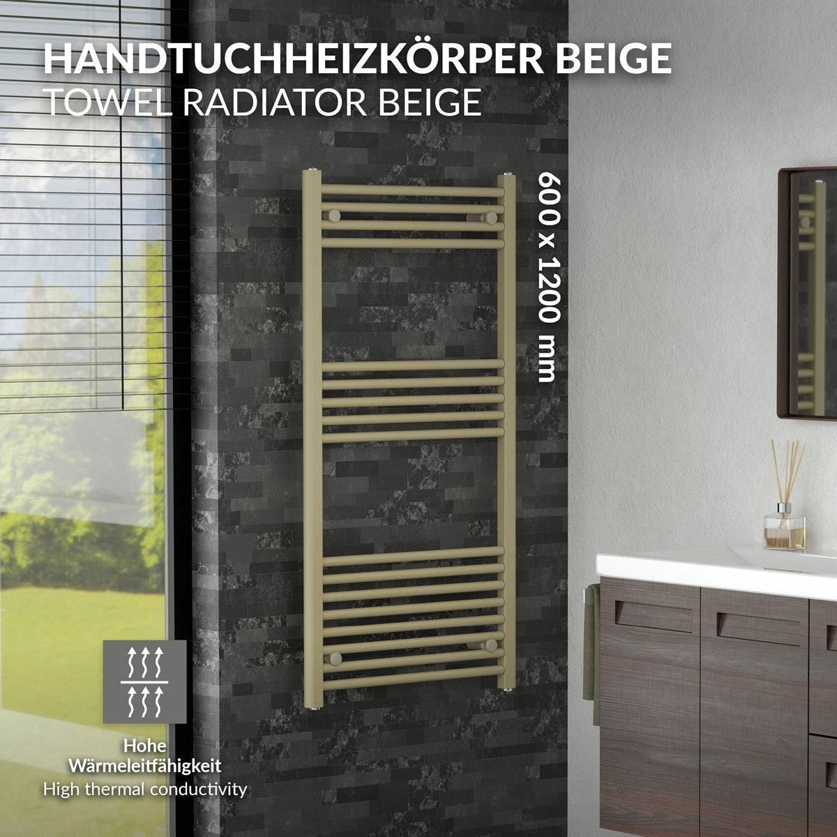 Beiger Handtuchheizkörper an einer Wand mit Fenster und modernem Badezimmer.