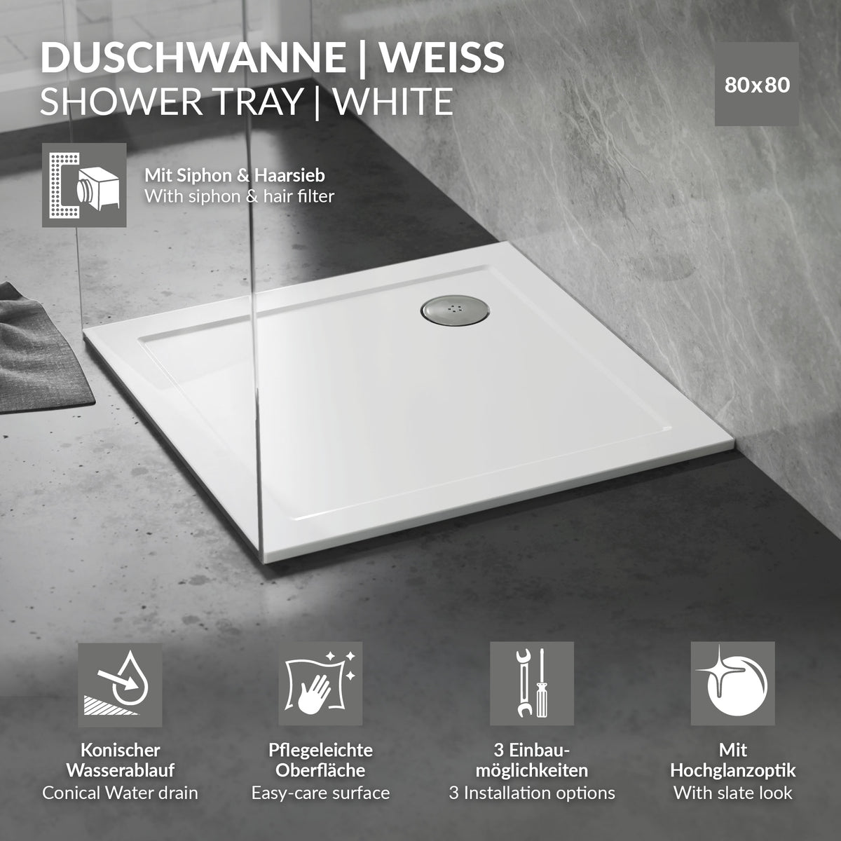 Weiße Duschwanne mit Siphon und Haarfilter, 80x80 cm.
