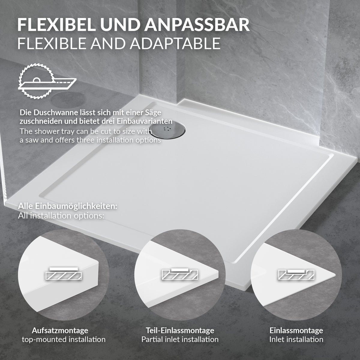 Duschwanne mit verschiedenen Einbaumöglichkeiten dargestellt.