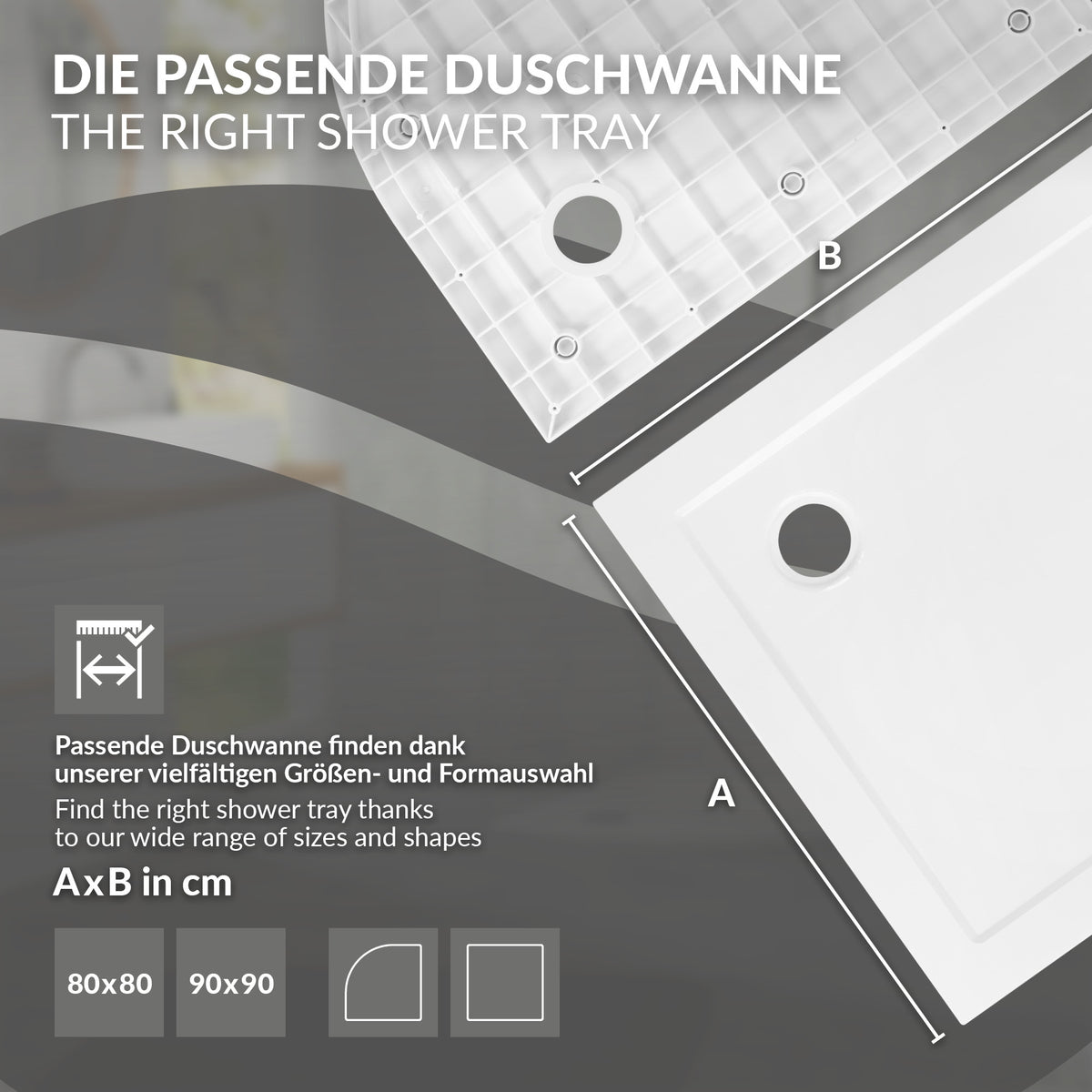 Grafik mit Informationen zu Duschwannen und Größenoptionen.