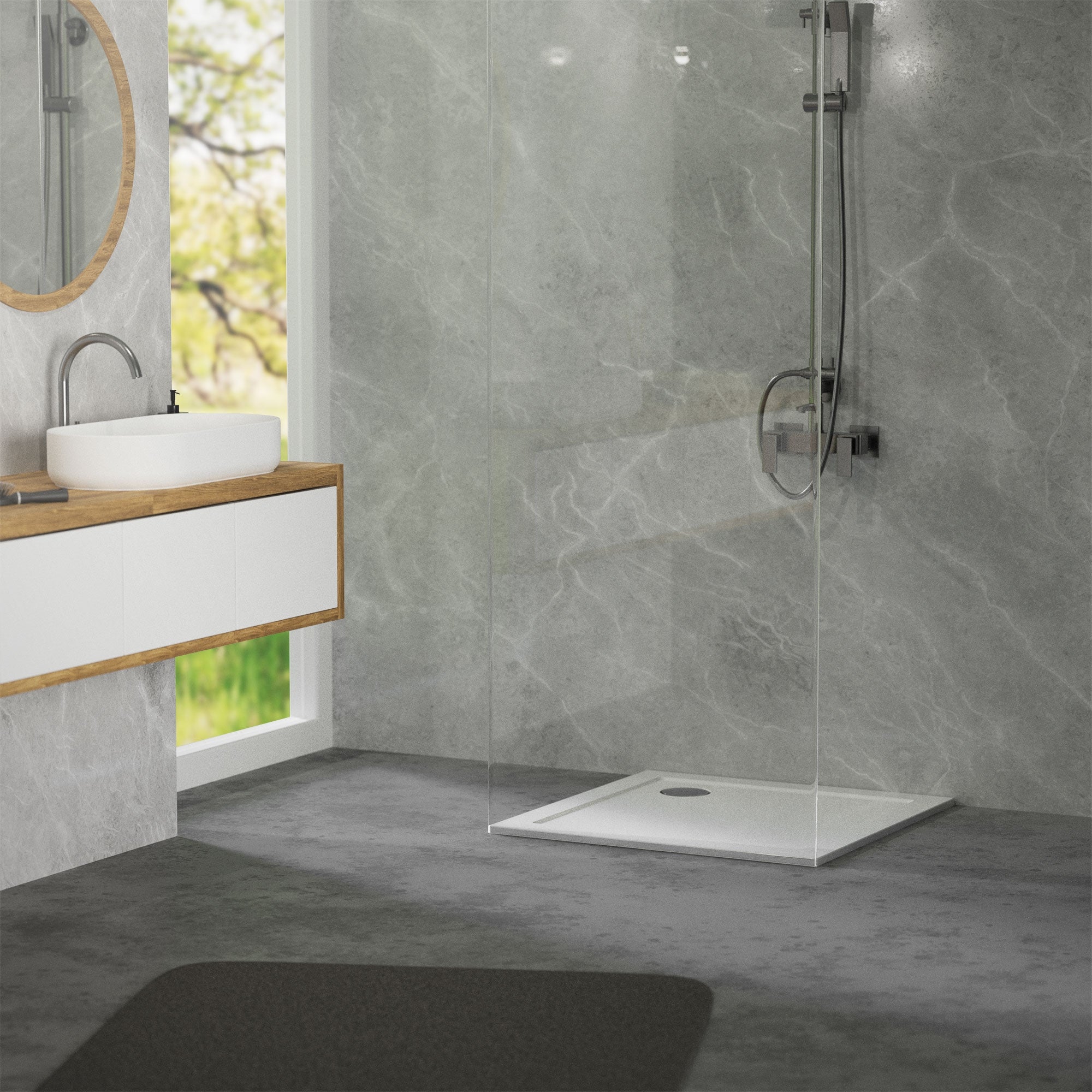 Moderne Dusche mit Glasabtrennung und Holzwaschtisch in einem hellen Badezimmer.