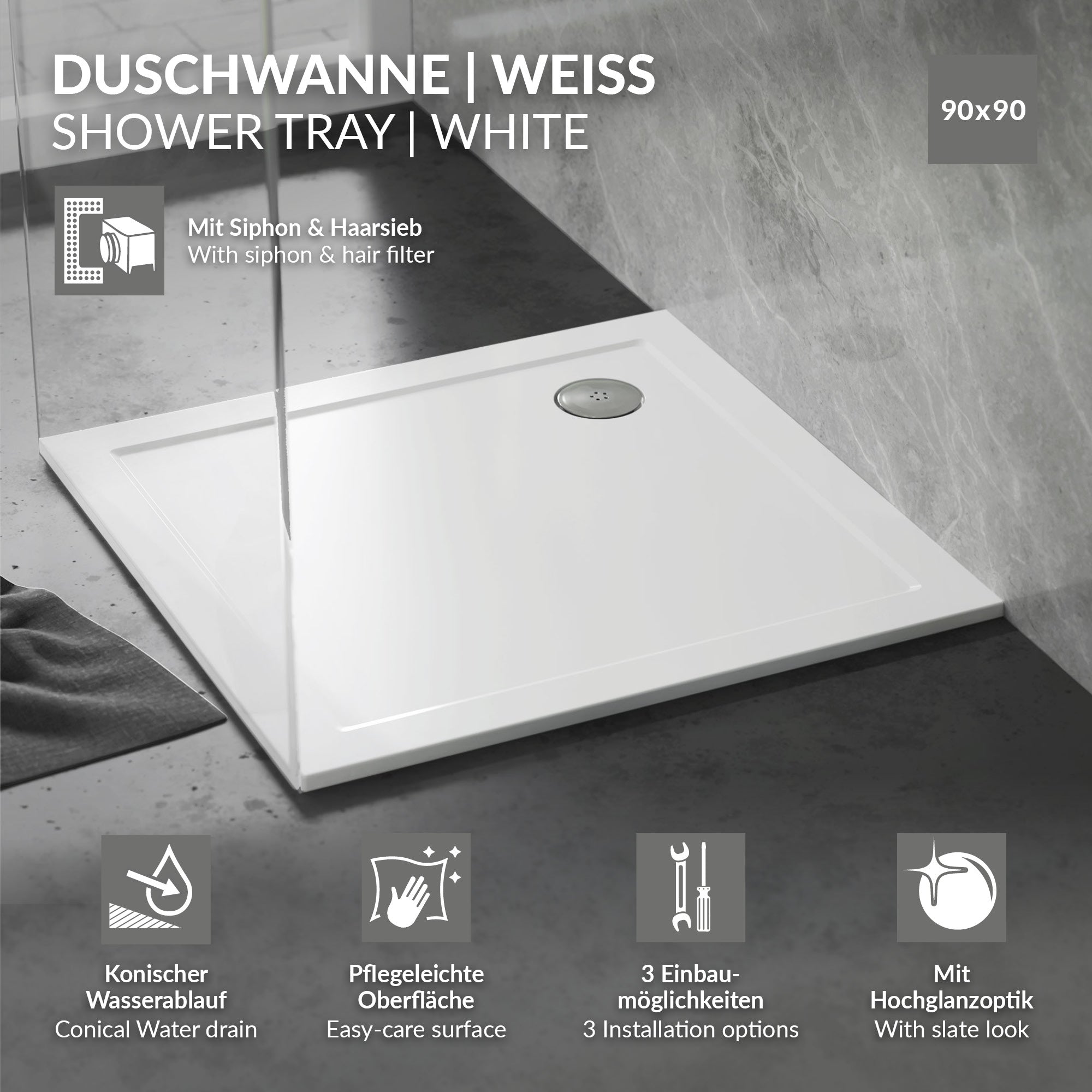 Weiße Duschwanne mit Siphon und Haarfilter, 90x90 cm.