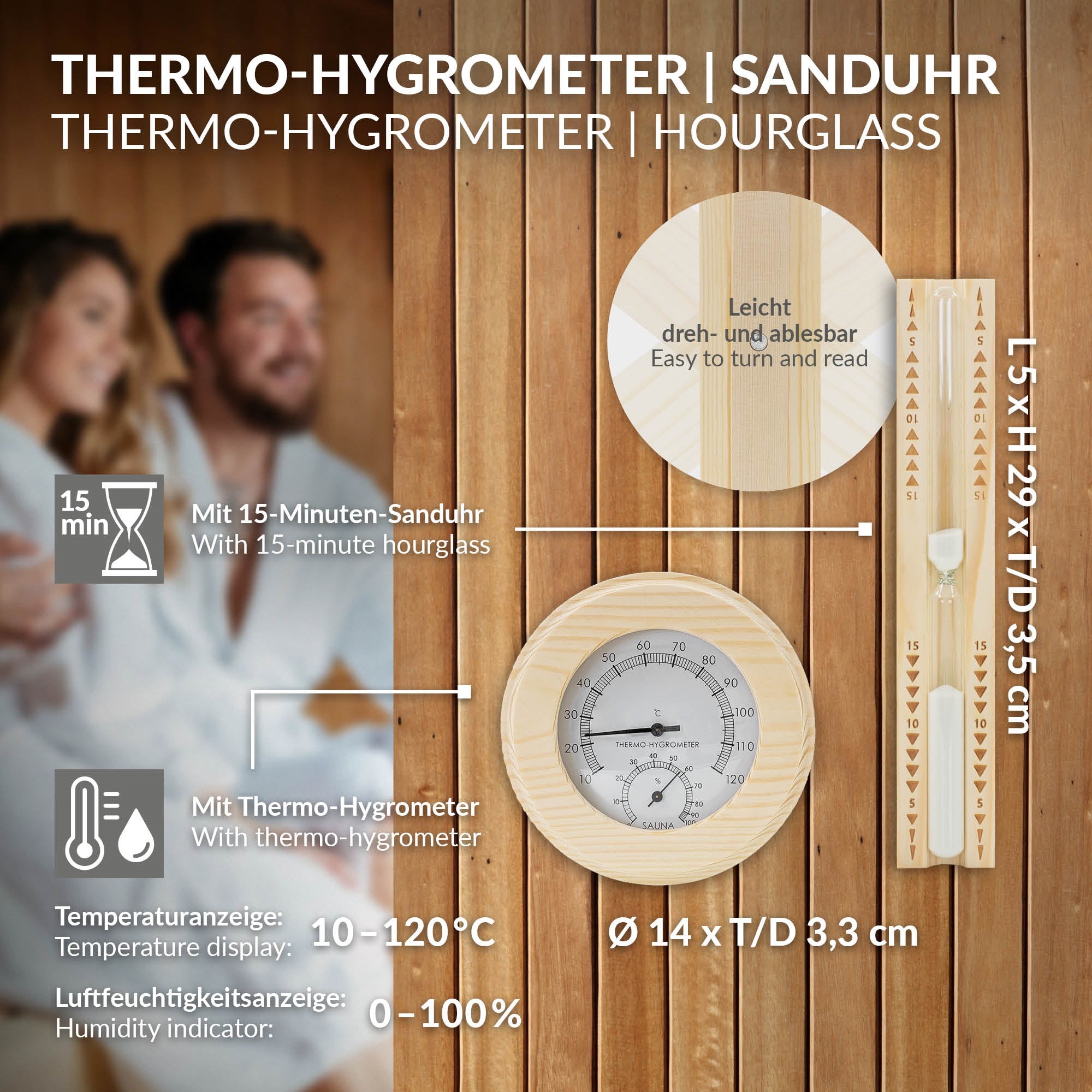 Lämpö-hygrometri ja tiimalasi, mitat ja lämpötila-alue on ilmoitettu.