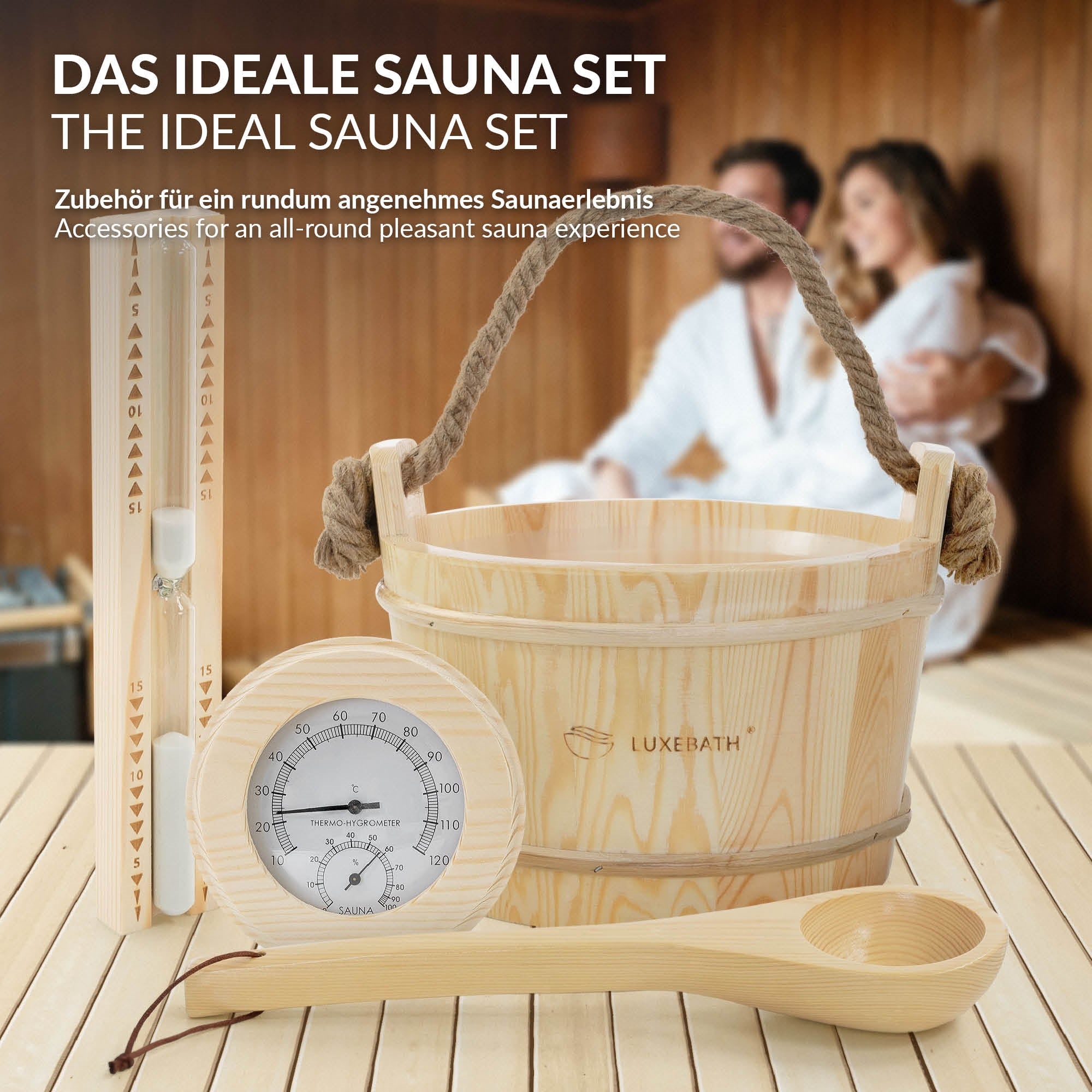 Ihanteellinen saunapaketti tarvikkeilla miellyttävään saunaelämykseen.