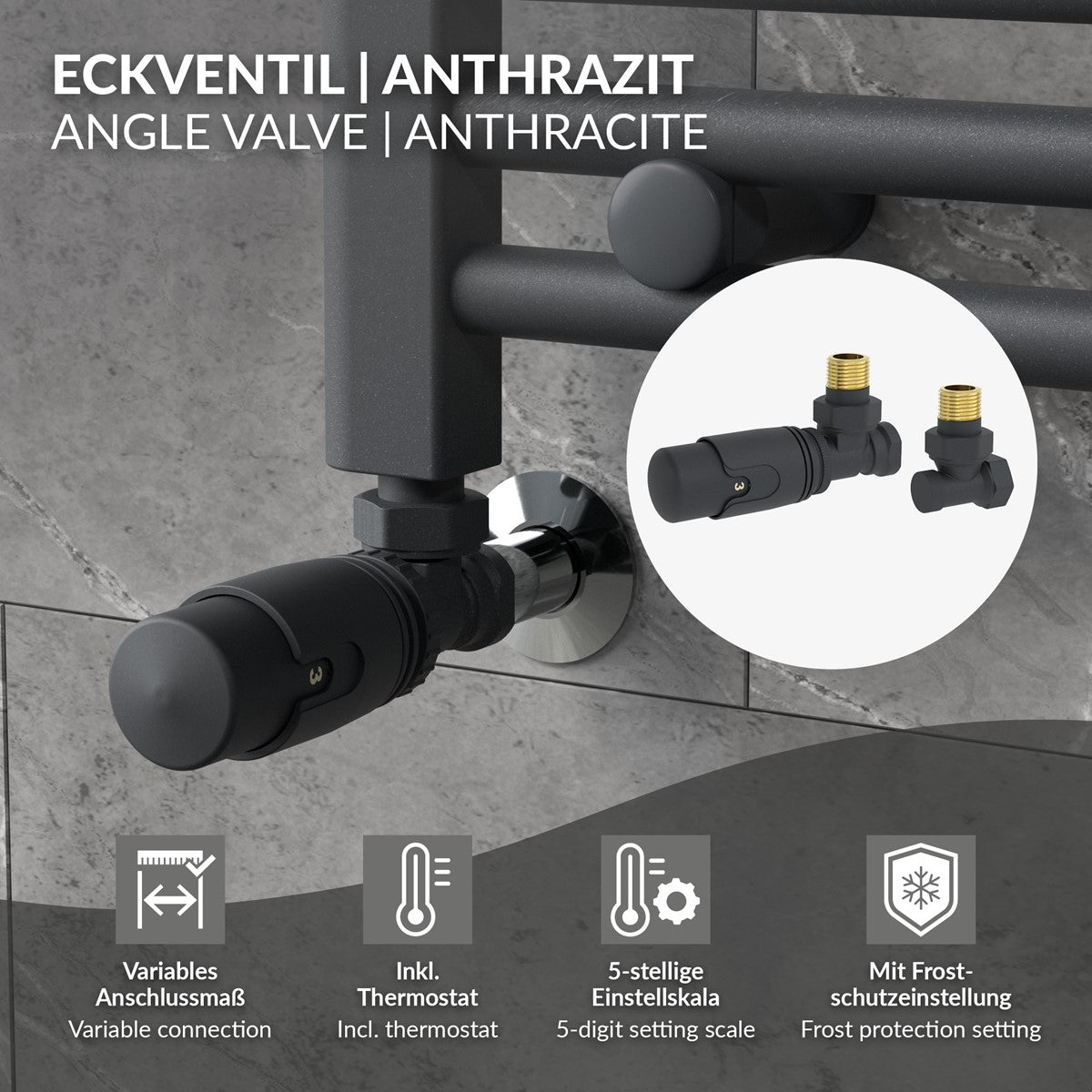 Eckventil in Anthrazit mit Thermostat und Einstellskala.