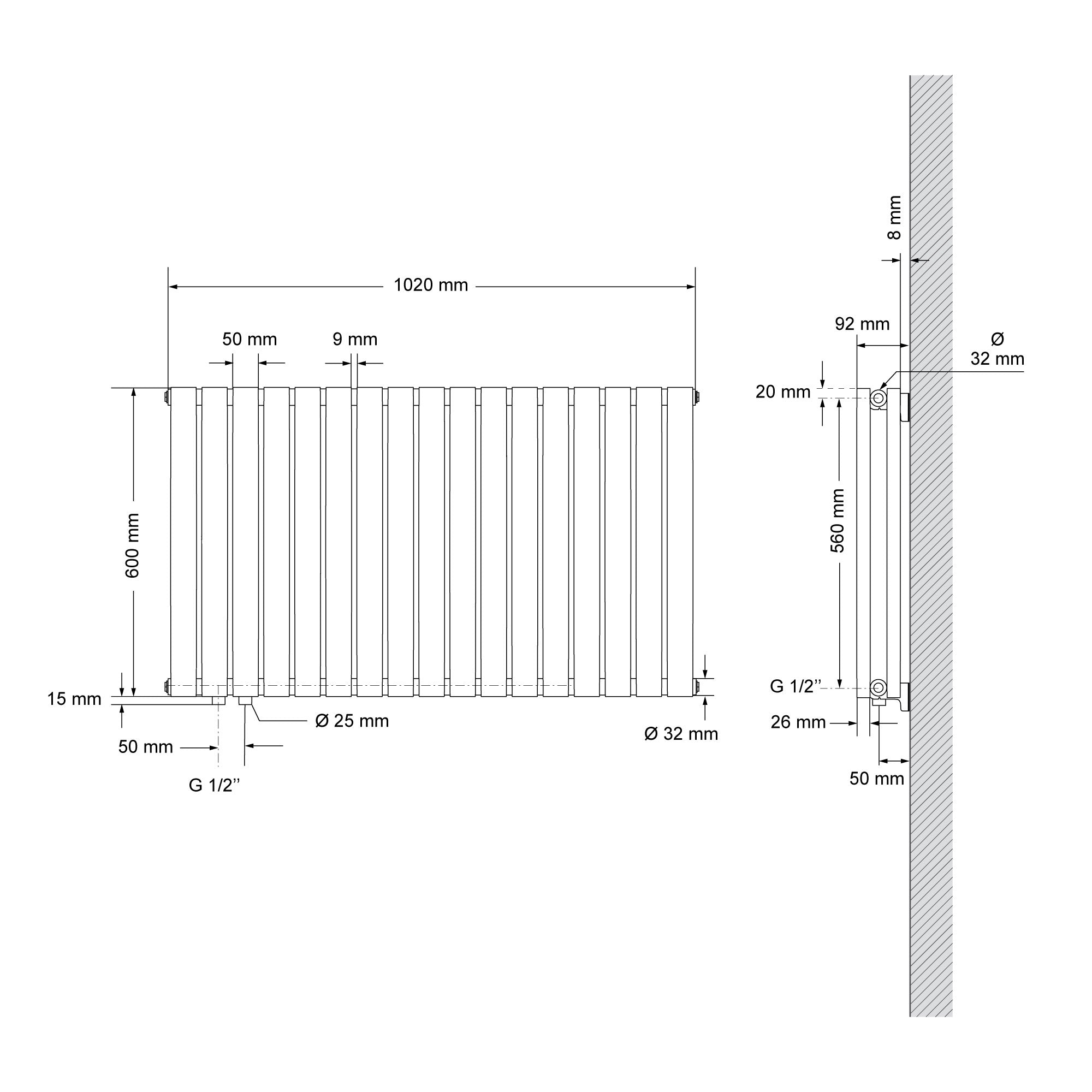 Technical drawing of an oval radiator with dimensions.