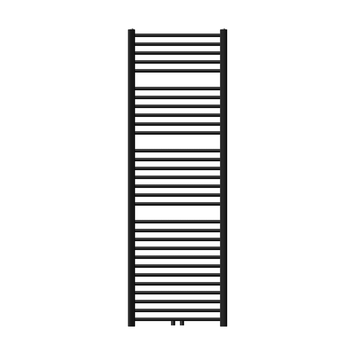 Un radiateur noir avec des lamelles verticales.