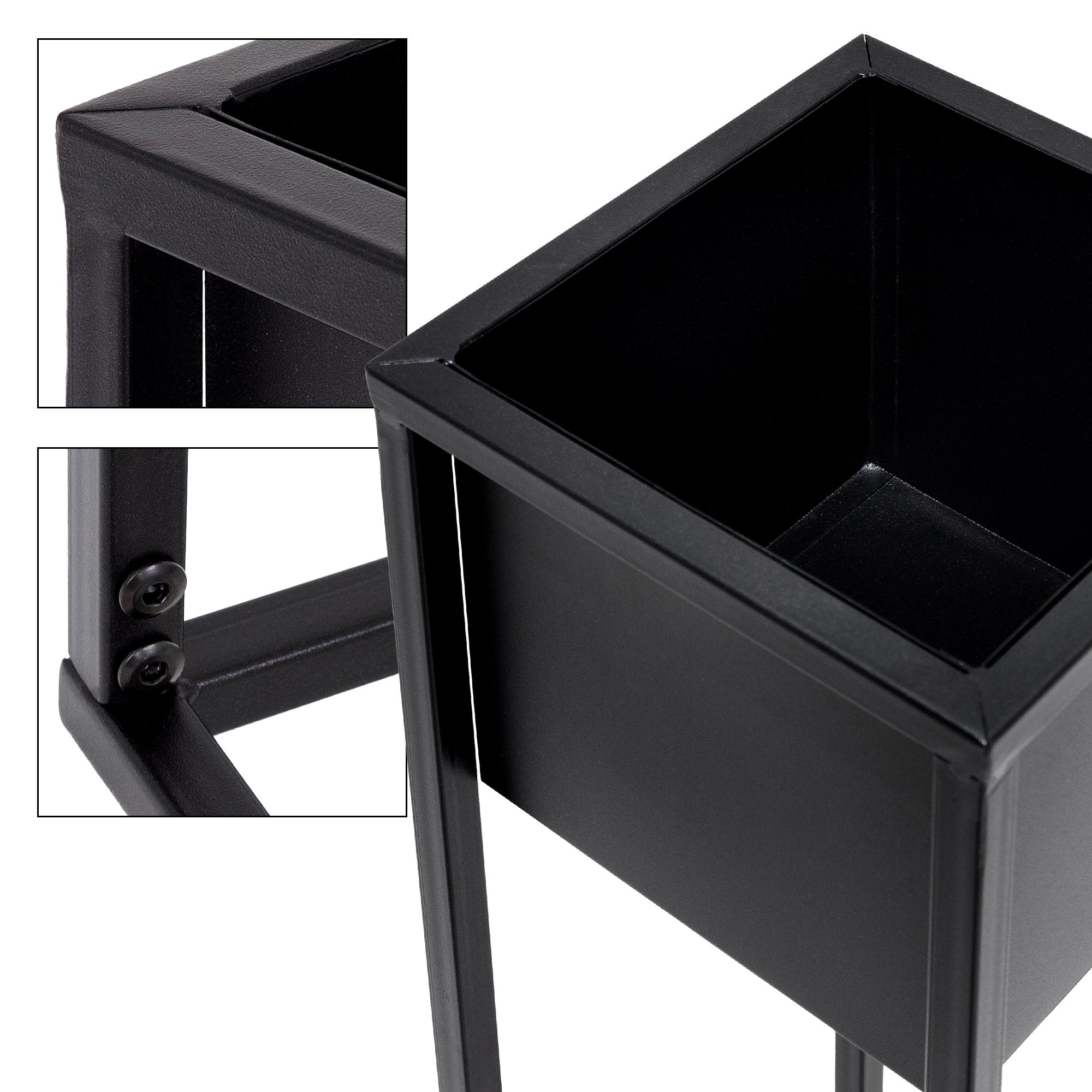 Detailansicht eines schwarzen Pflanzgefäßes mit quadratischer Form.