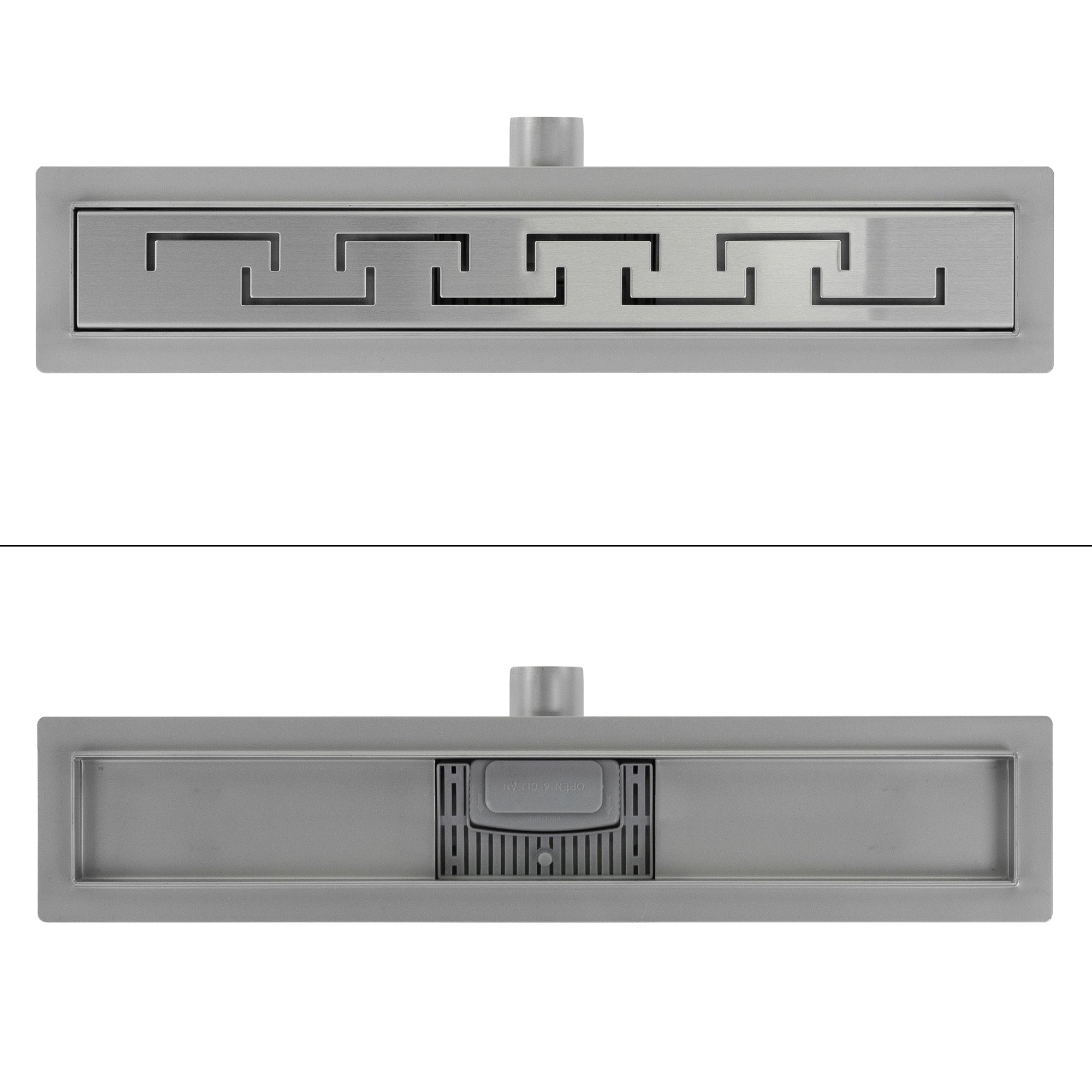 Oben und unten sichtbare Ansichten eines Duschablaufs mit unterschiedlichem Finish.