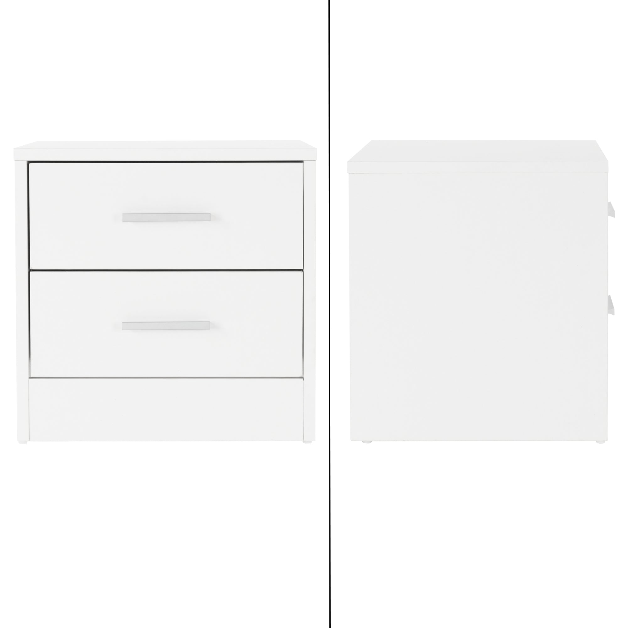 Comodino bianco con due cassetti, vista laterale.