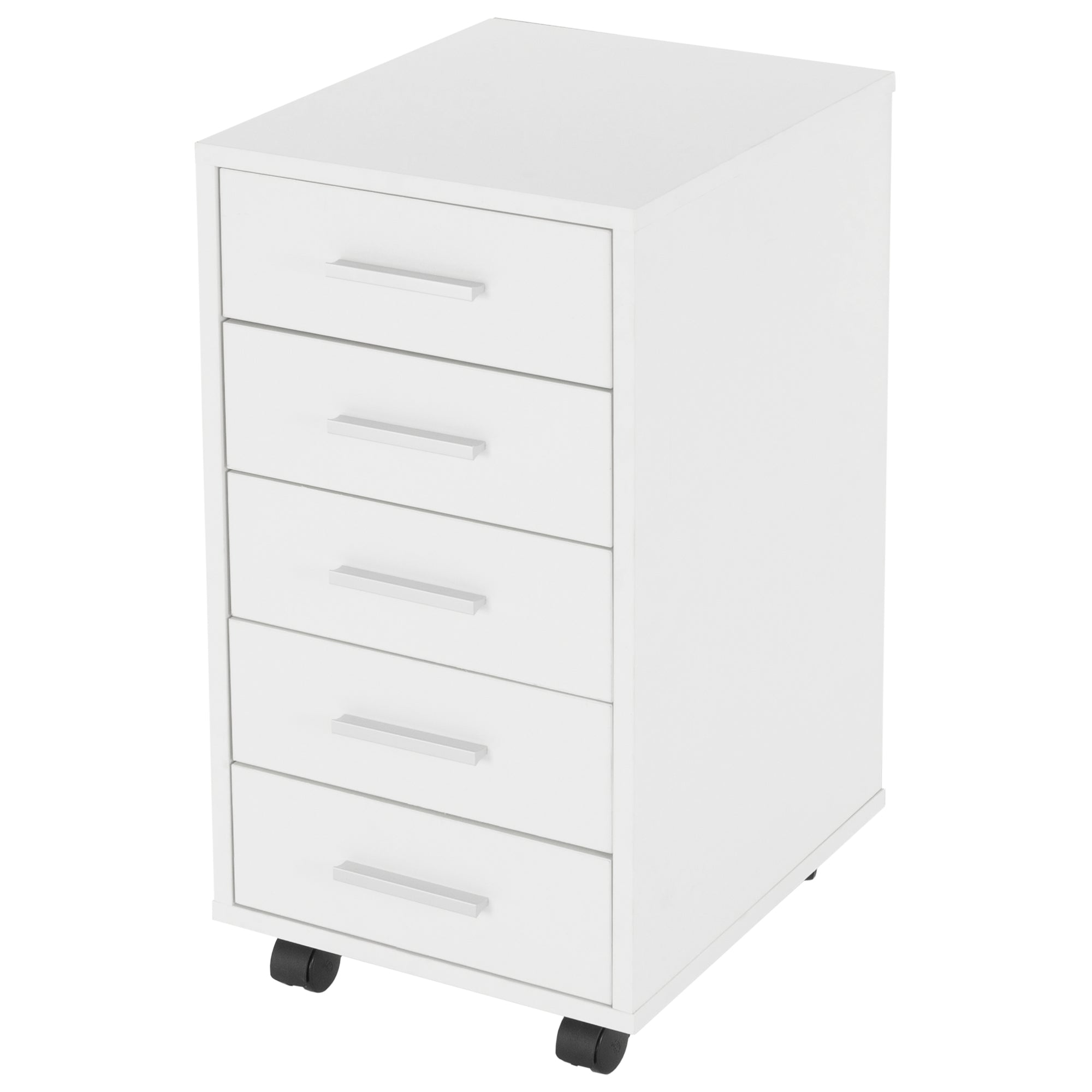 Een witte rolcontainer met vijf lades op een houten vloer.