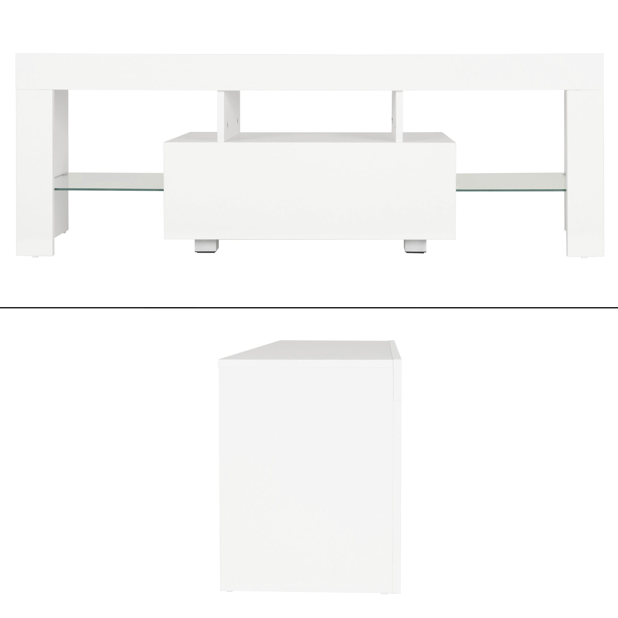 Weißer TV-Schrank mit Glasablage und zwei offenen Fächern.