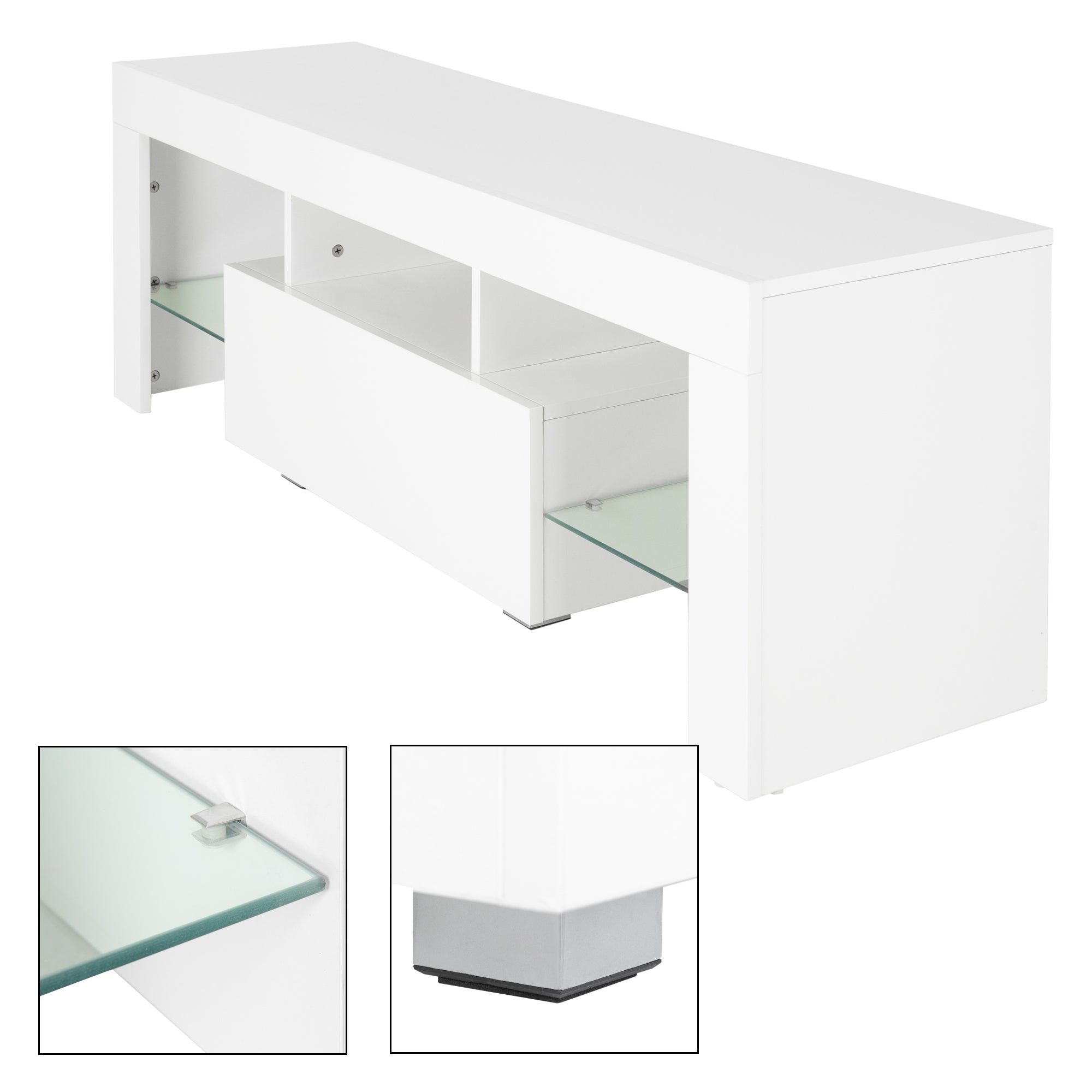 Ein weißer TV-Schrank mit zwei offenen Fächern und einer Schublade.