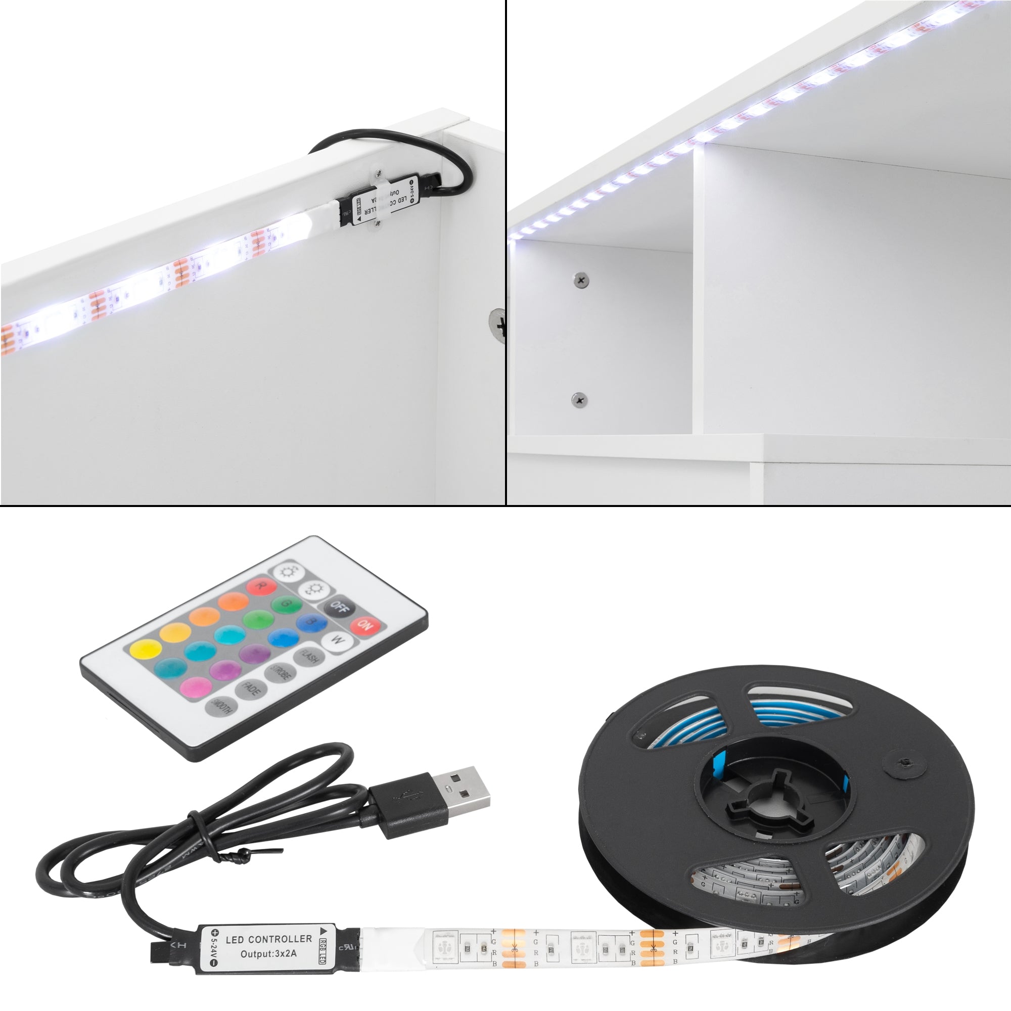 LED-Streifen mit Controller und Fernbedienung auf einem Tisch.