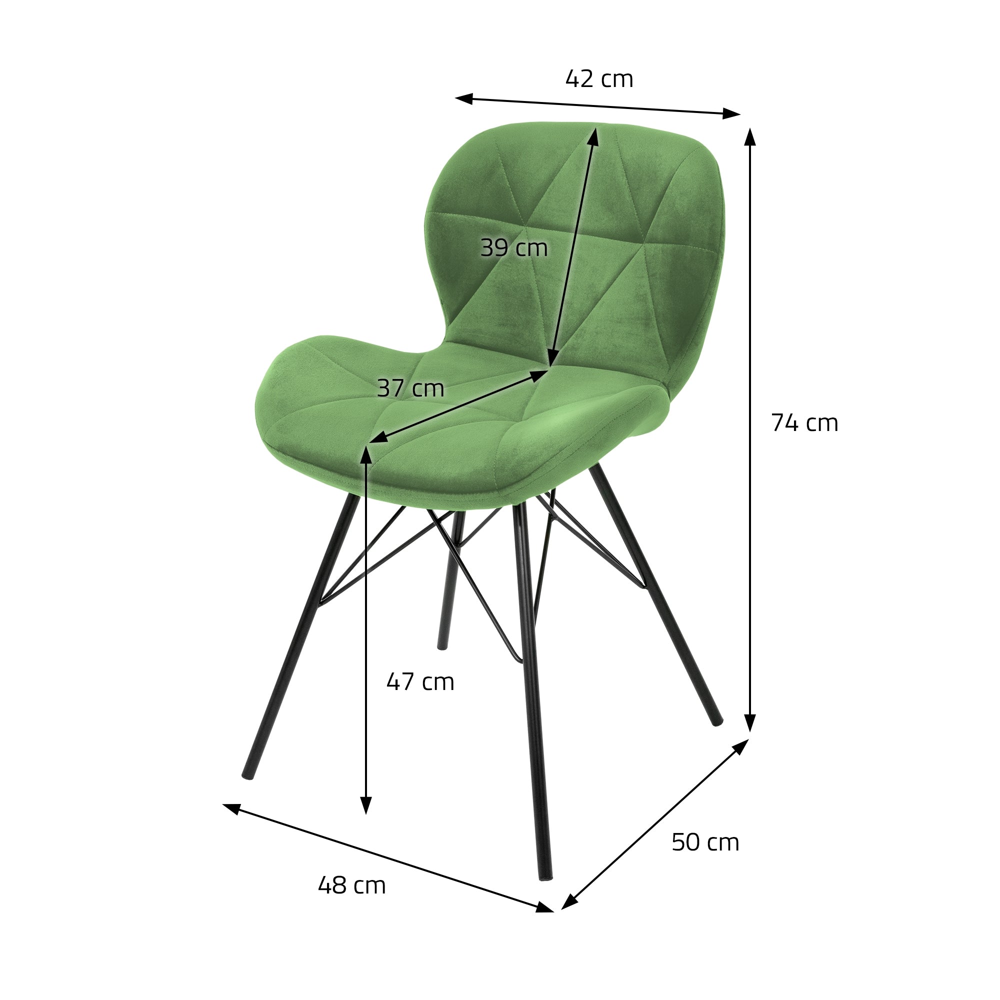 Grøn stol med mål: Højde 74 cm, Bredde 48 cm, Dybde 50 cm.