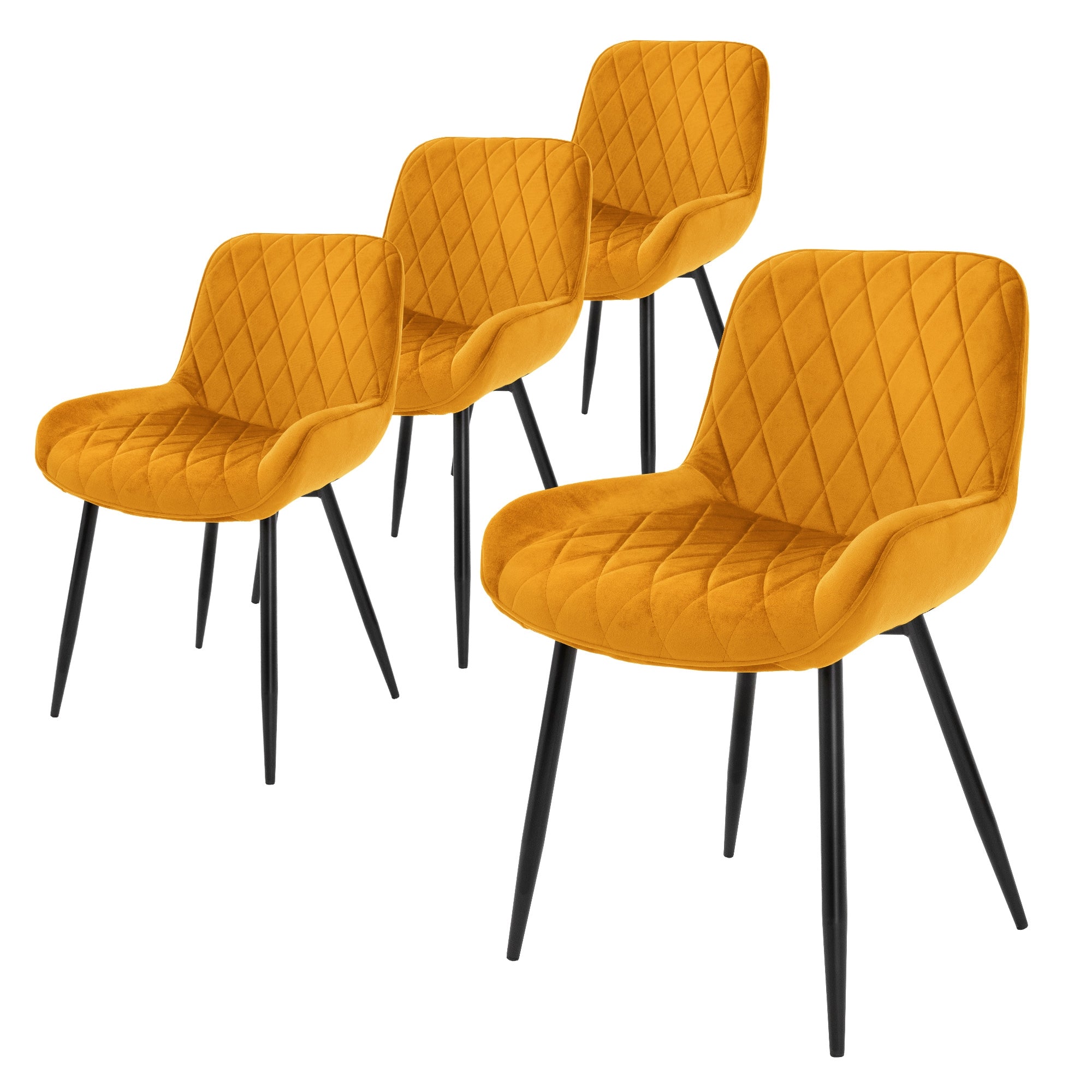 Quatre chaises jaunes avec un rembourrage en forme de diamant et des pieds noirs.