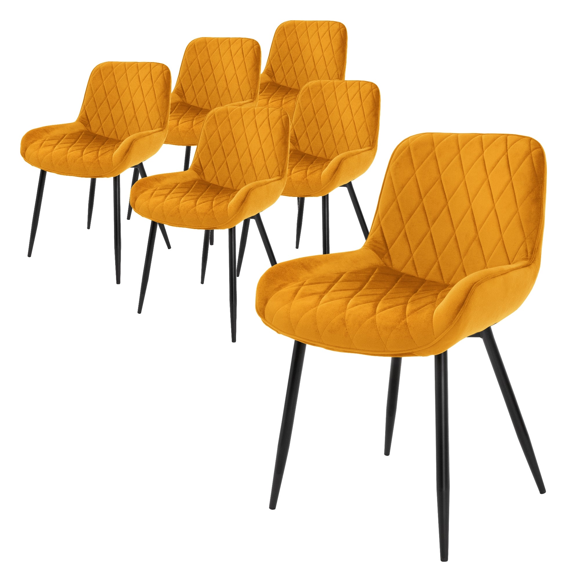 Six chaises orange avec motif en losange sur des pieds noirs.