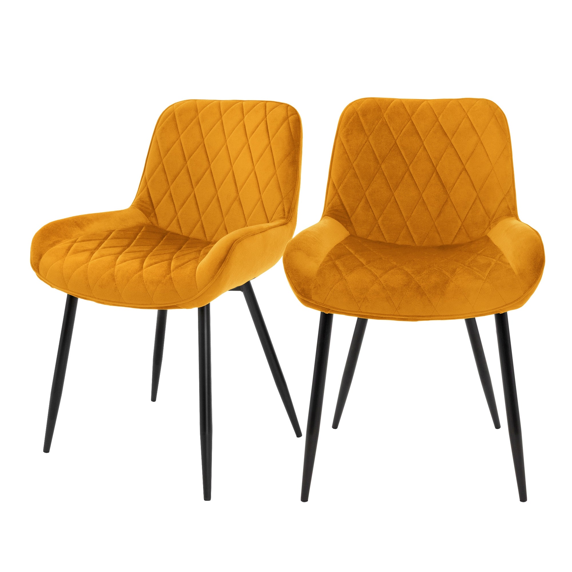 Two yellow chairs with diamond-shaped upholstery and black legs.