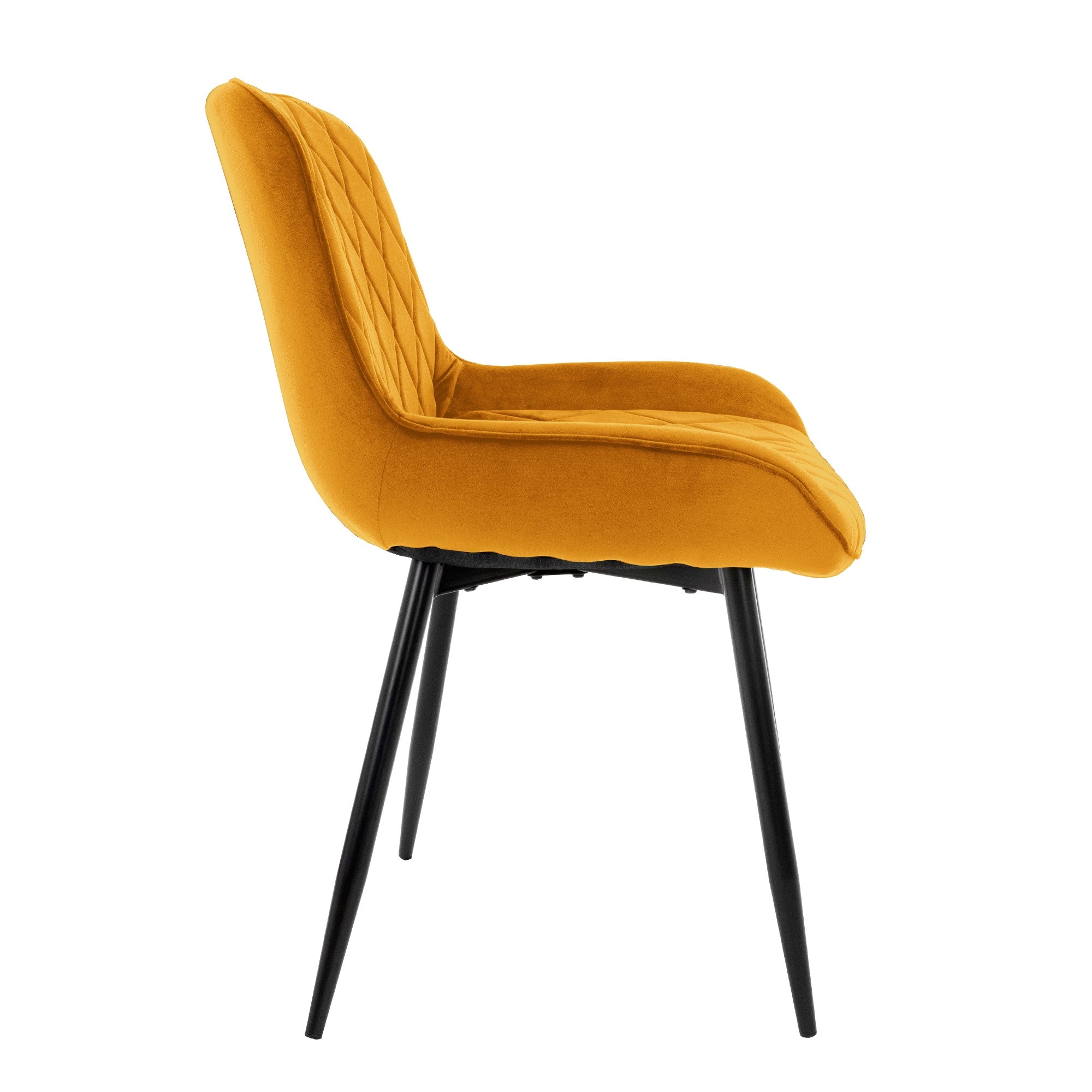 Vue de côté d'une chaise jaune avec un rembourrage en forme de diamant.