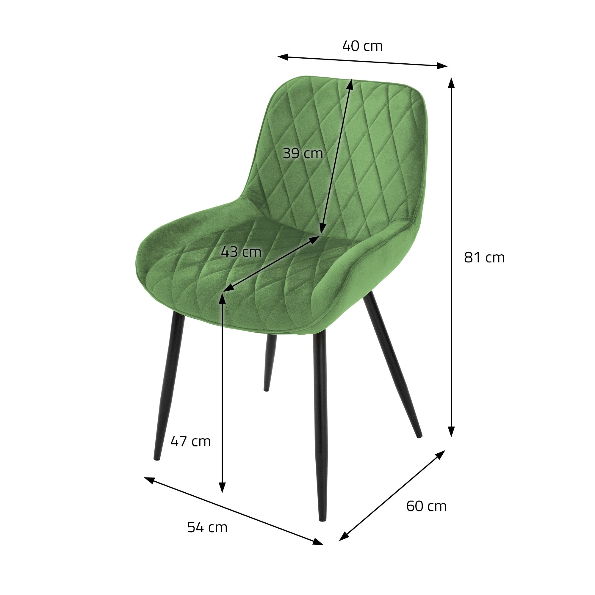 Disegno delle misure per una sedia verde con dimensioni.
