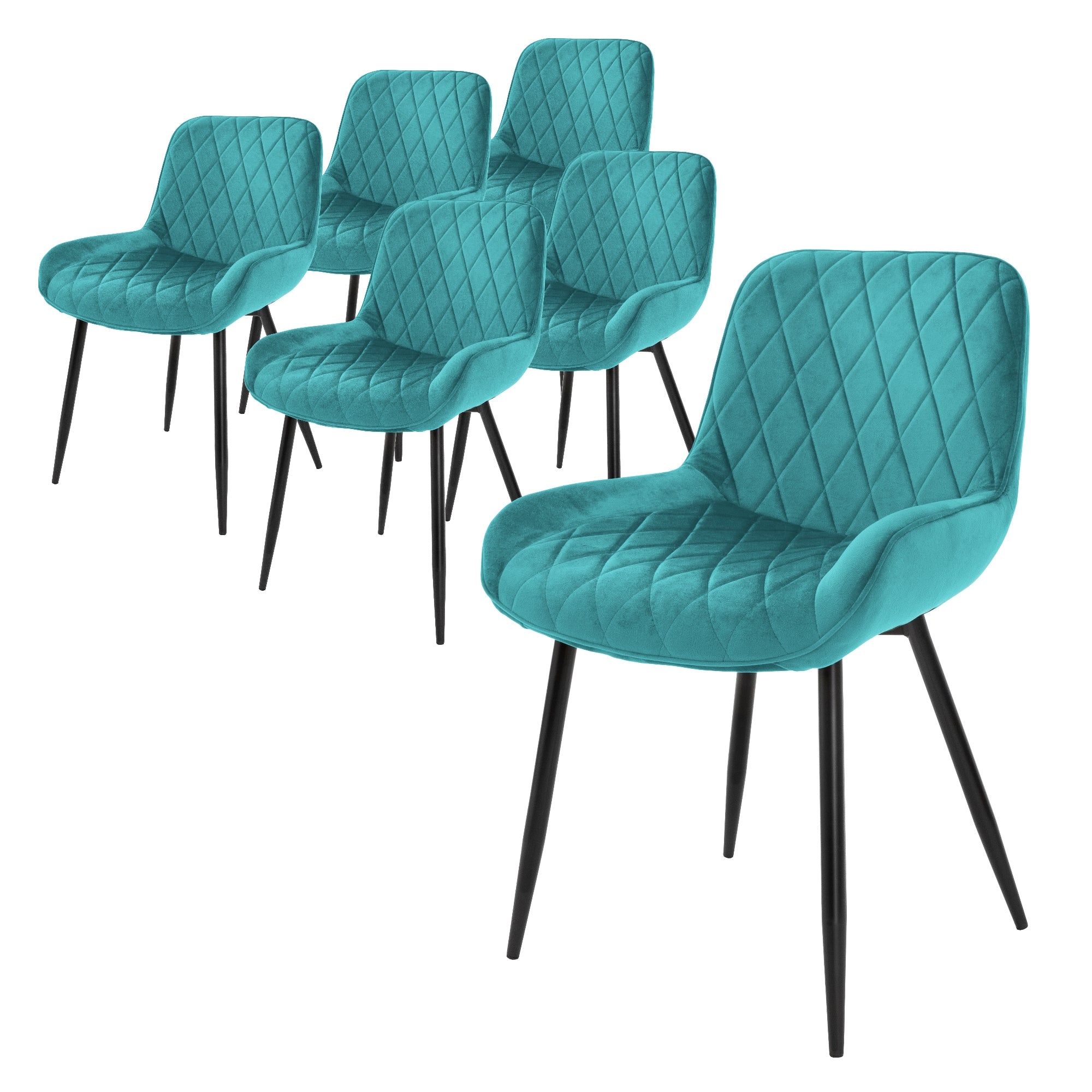 Six chaises turquoise avec un rembourrage en forme de diamant.