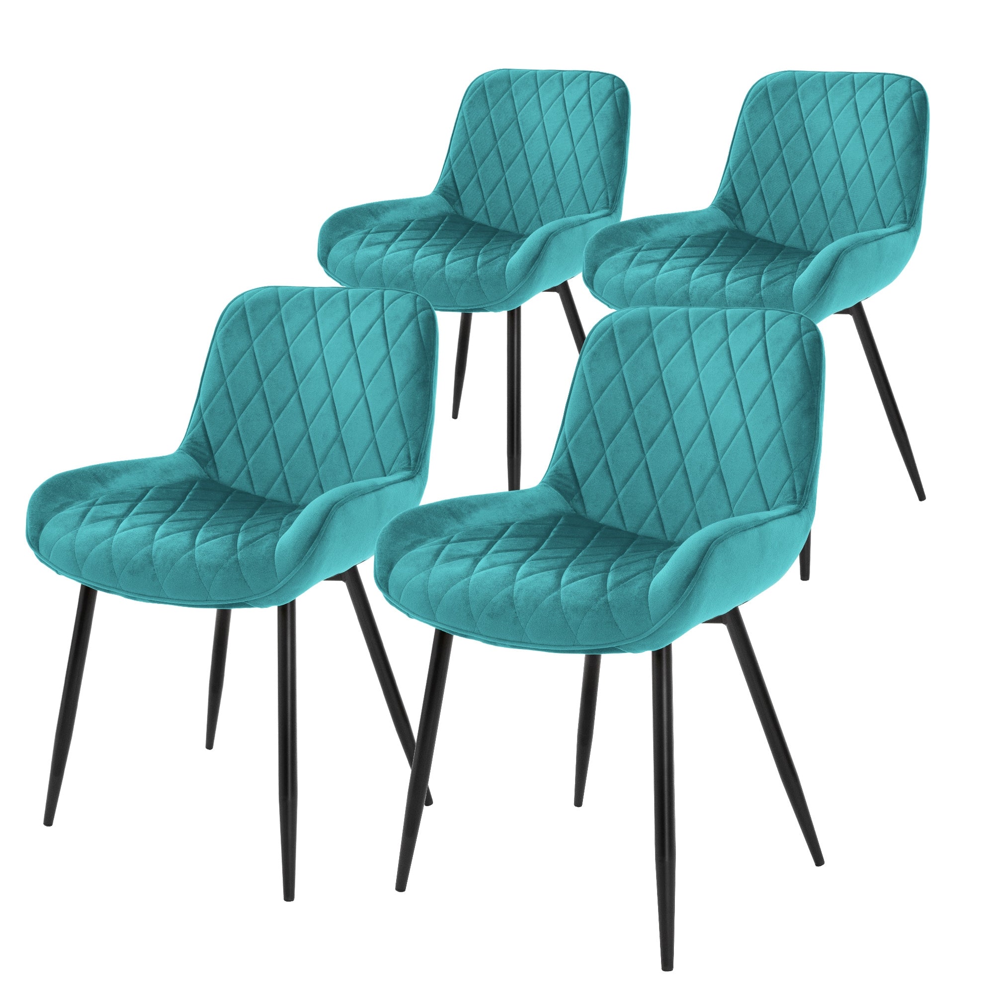 Quatre chaises turquoise avec un motif en losange et des pieds noirs.