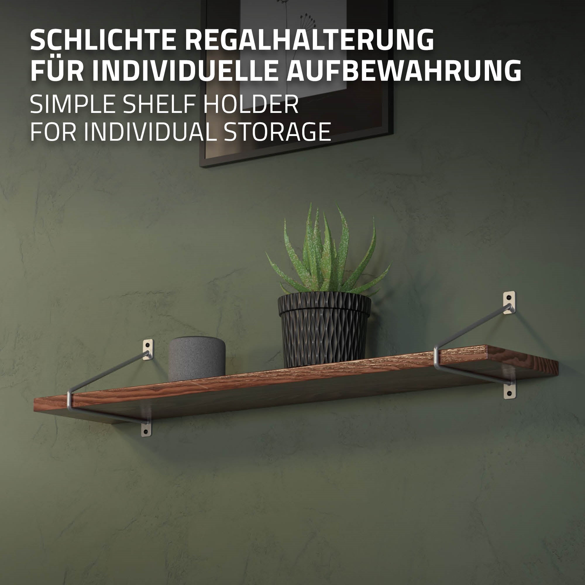 Shelf bracket with a plant on a wooden shelf.