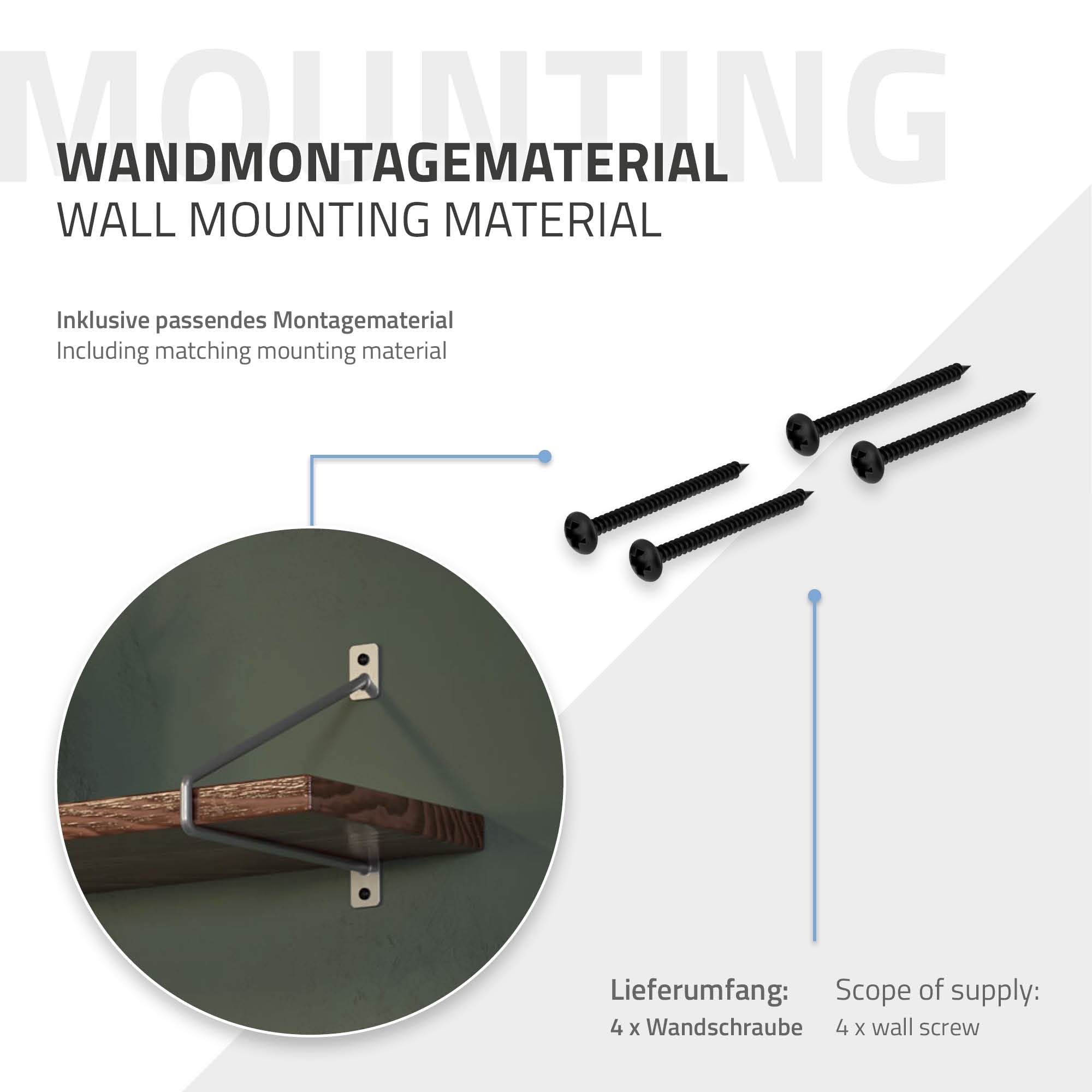 Wall mounting material with screws and brackets on a white background.
