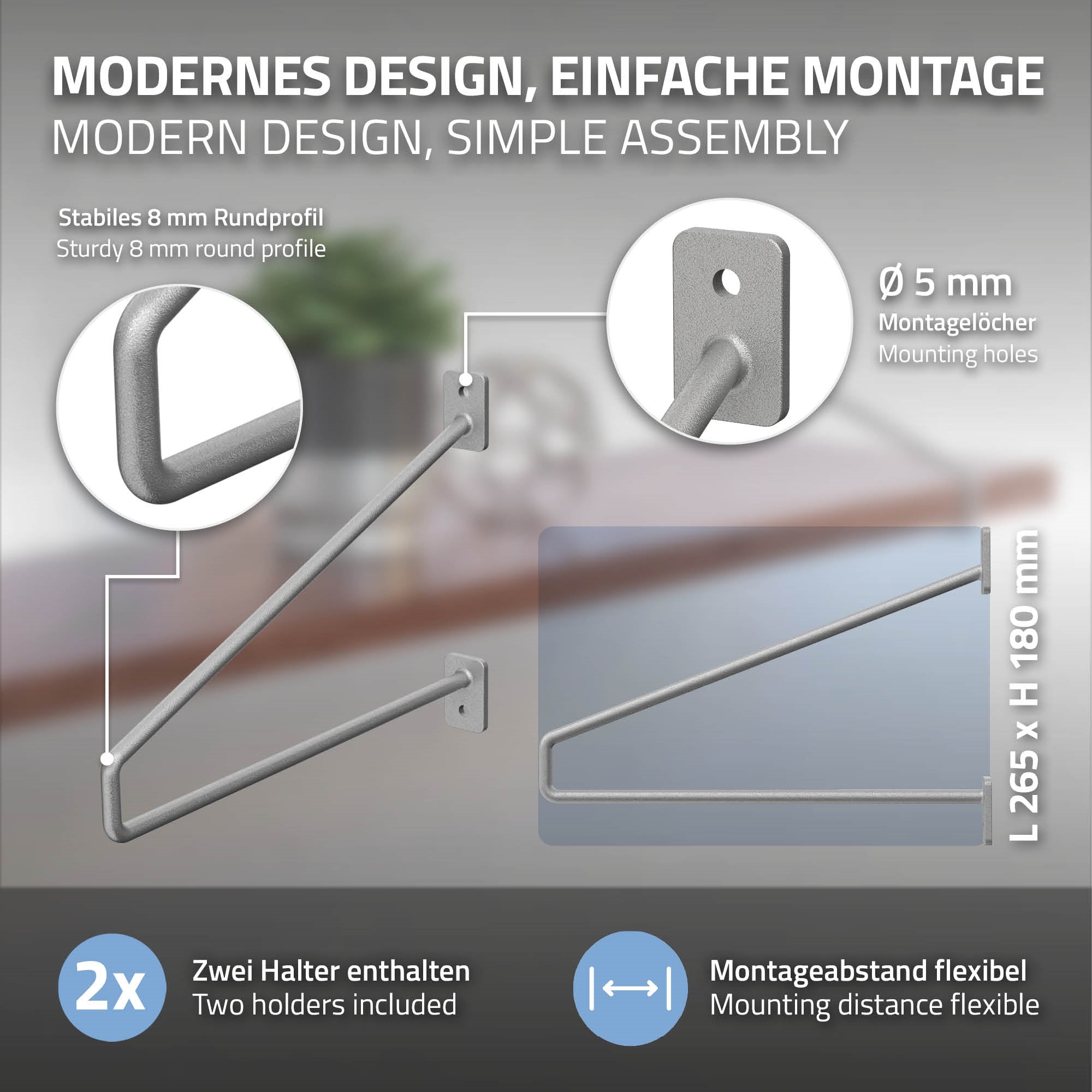 Grafik mit Montageanleitung für Regalhalter, Maße und Details.