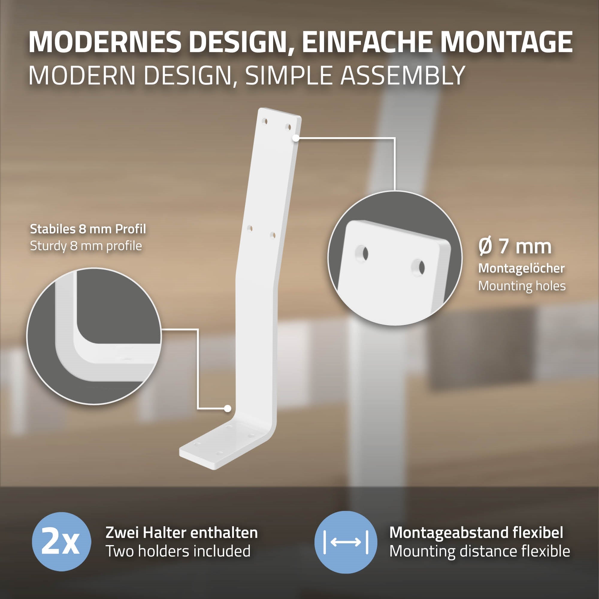 Weiße Metallhalterung für Rückenlehne, montiert an Holz, mit Montagehinweisen.