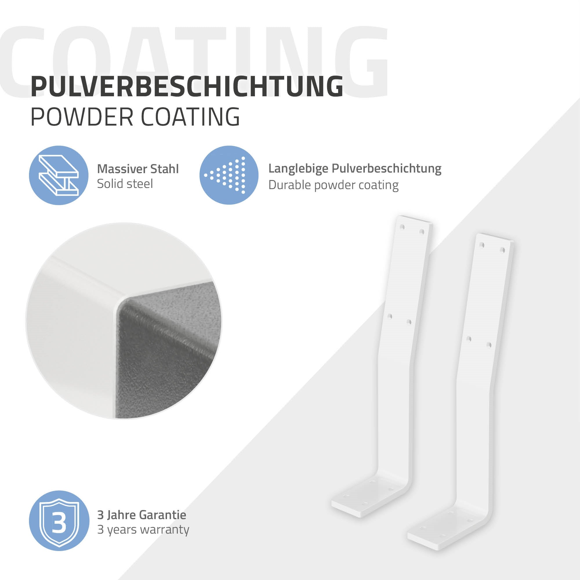 Pulverbeschichtete Metallteile, mit Symbolen und Garantieinformationen.