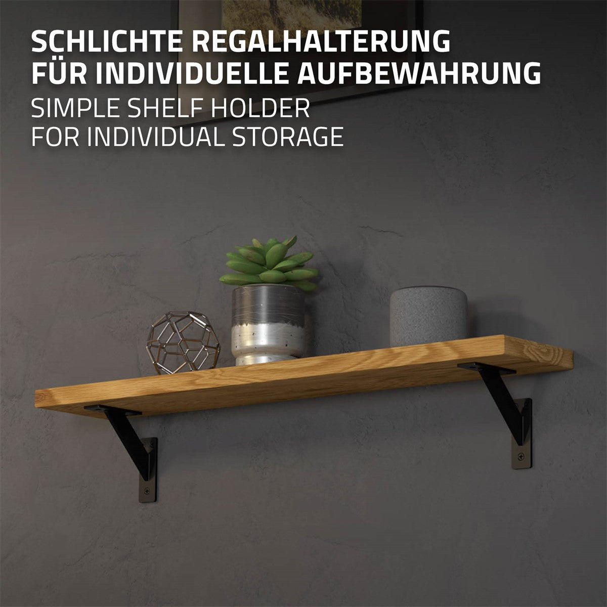 Regal mit Holzplatte und zwei schwarzen Halterungen.