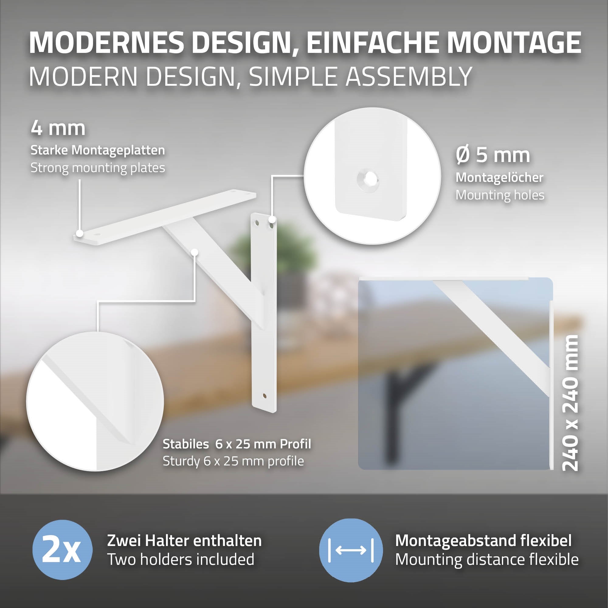 Graphique avec support, instructions de montage et dimensions.