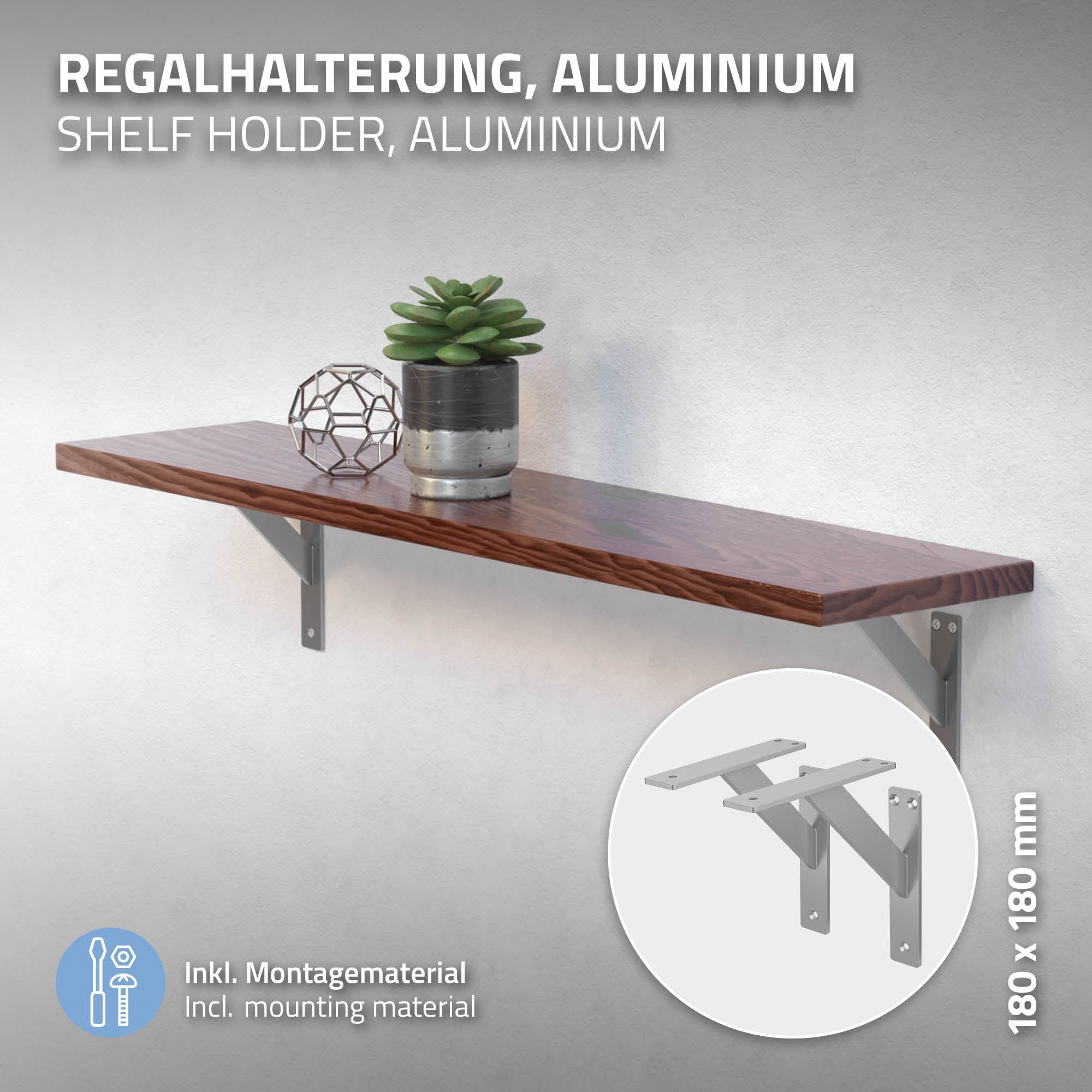 Étagère en bois avec plantes et support mural en aluminium.