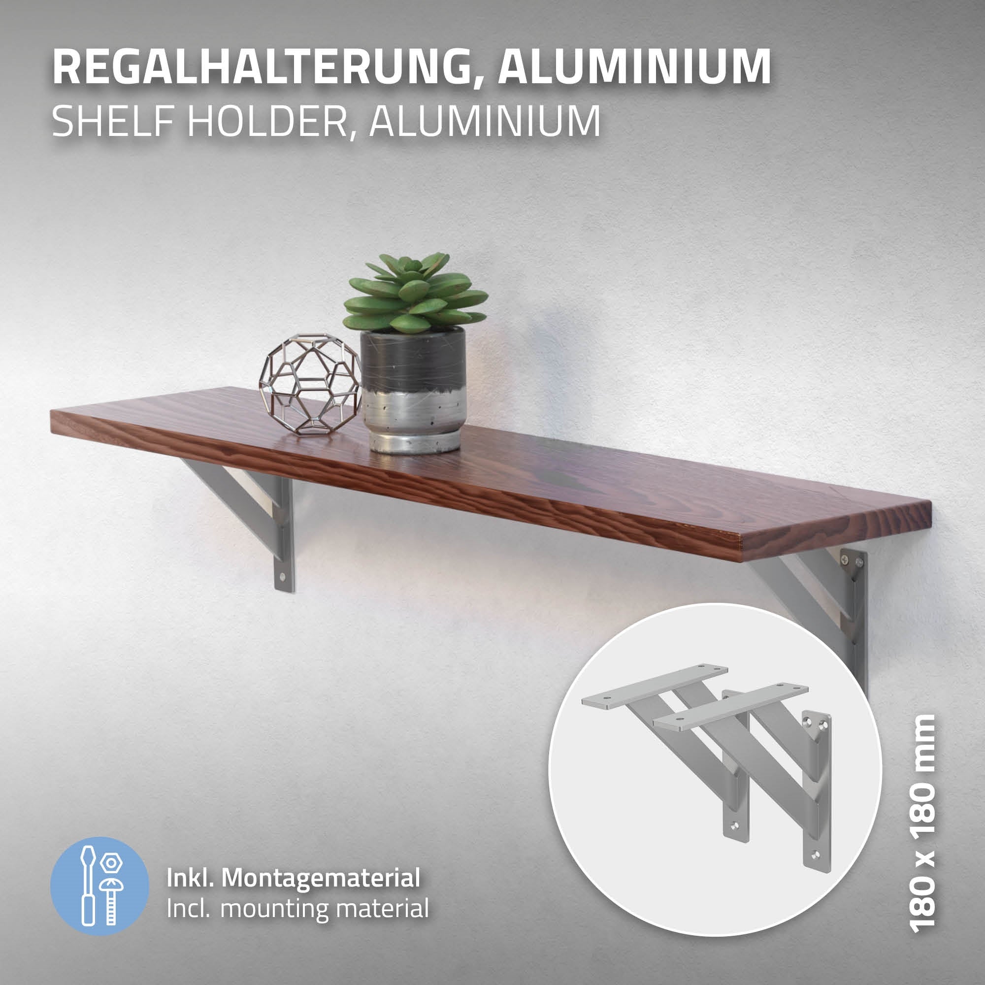 Étagère en bois avec une plante et un objet de décoration géométrique.