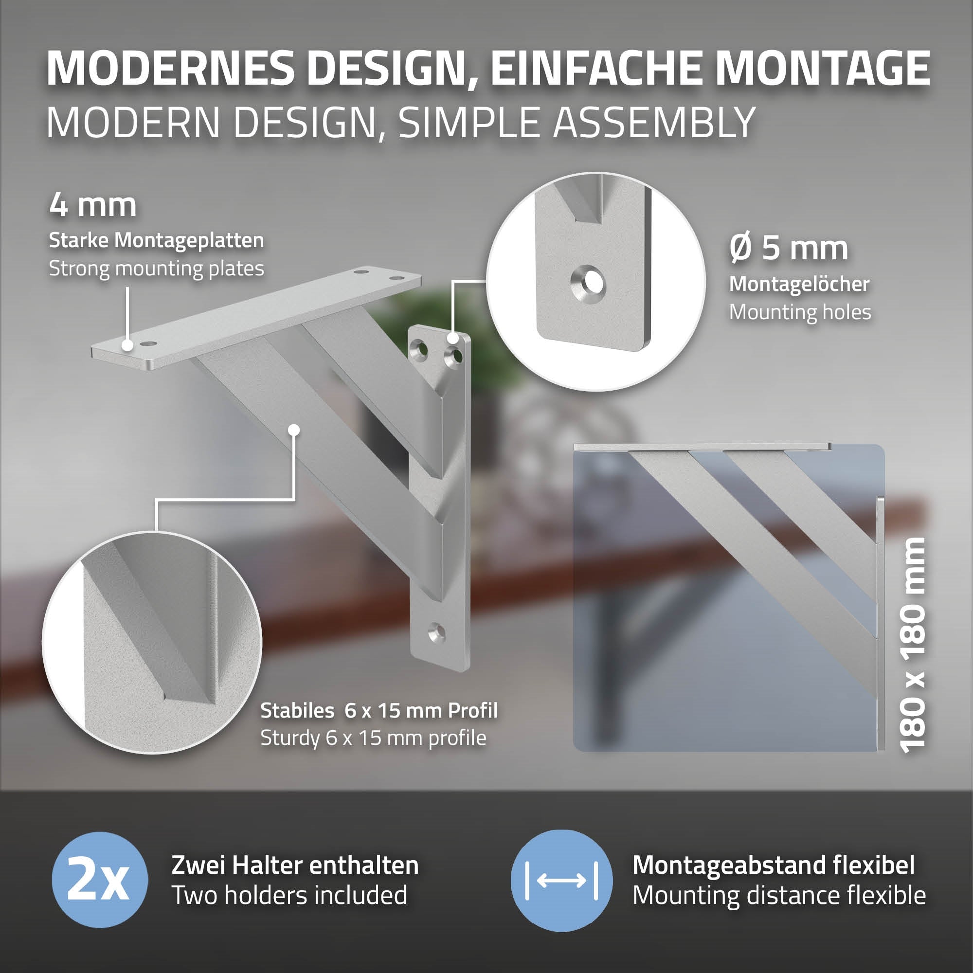 Montageplatte mit stabiler Halterung und flexibler Montageabstand.