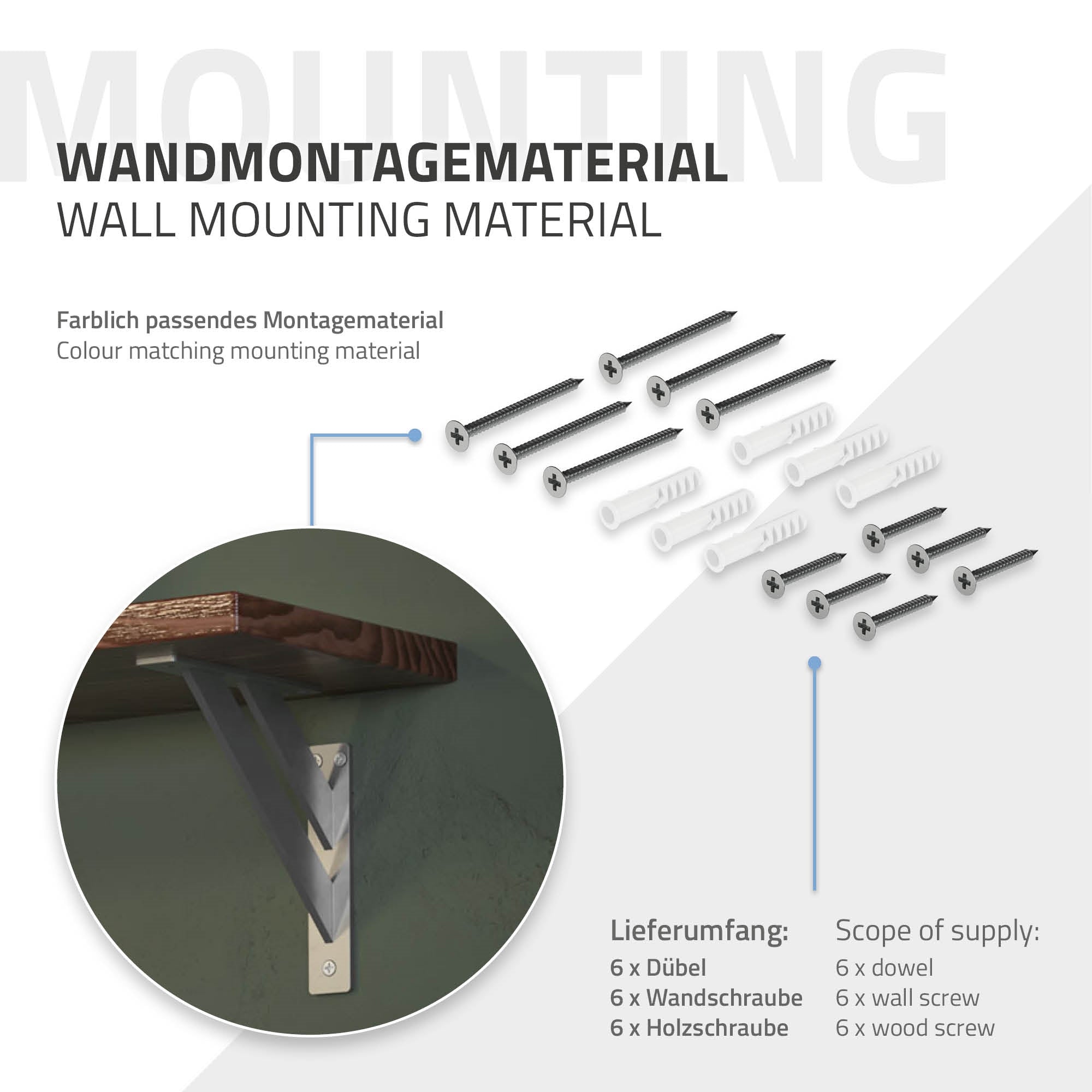 Wandmontagematerial mit Dübel, Schrauben und Halterungen in einer Übersicht.
