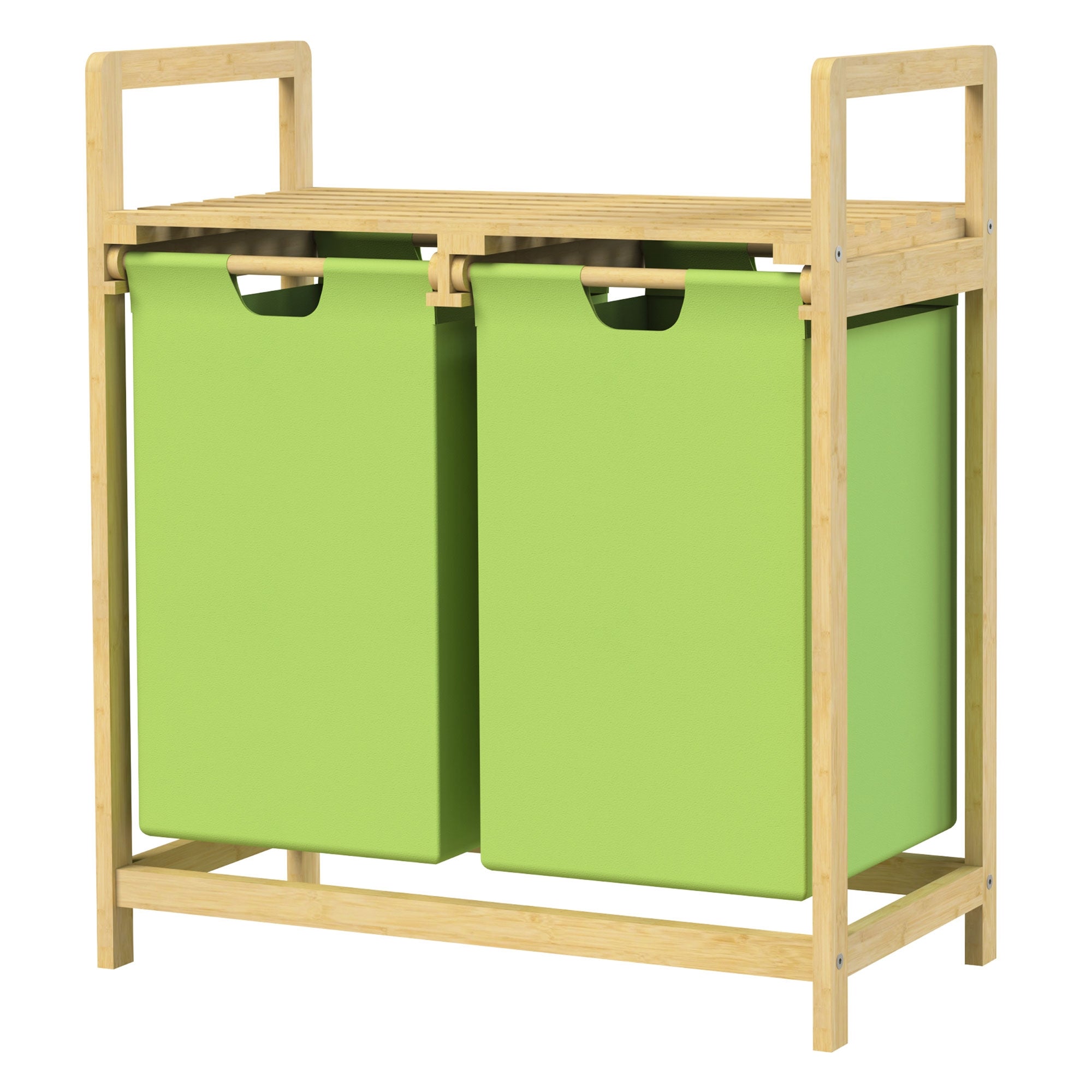 Wäschekorb mit zwei grünen Behältern und Holzgestell.