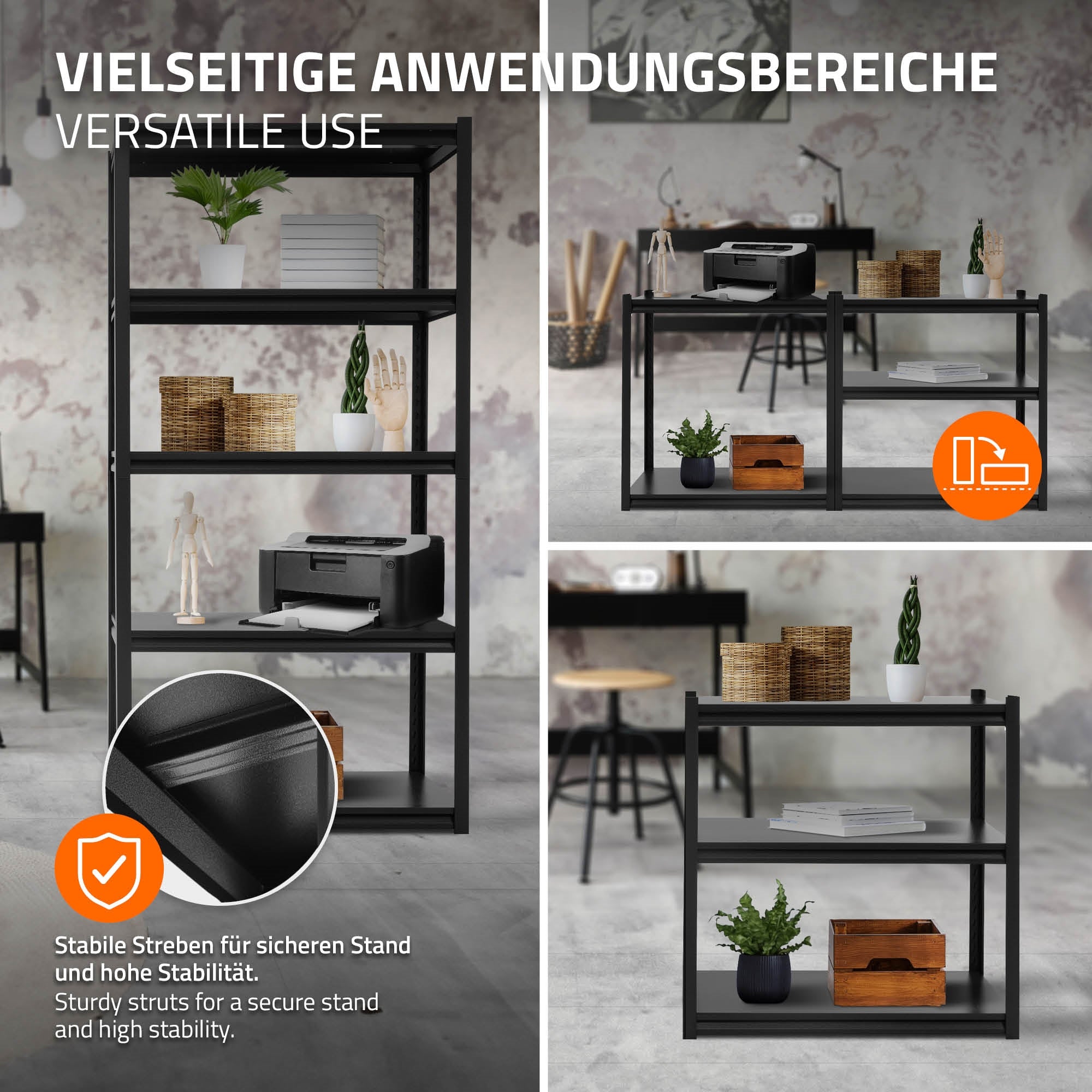 Reol med flere hylder, planter og printer, i et moderne rum.
