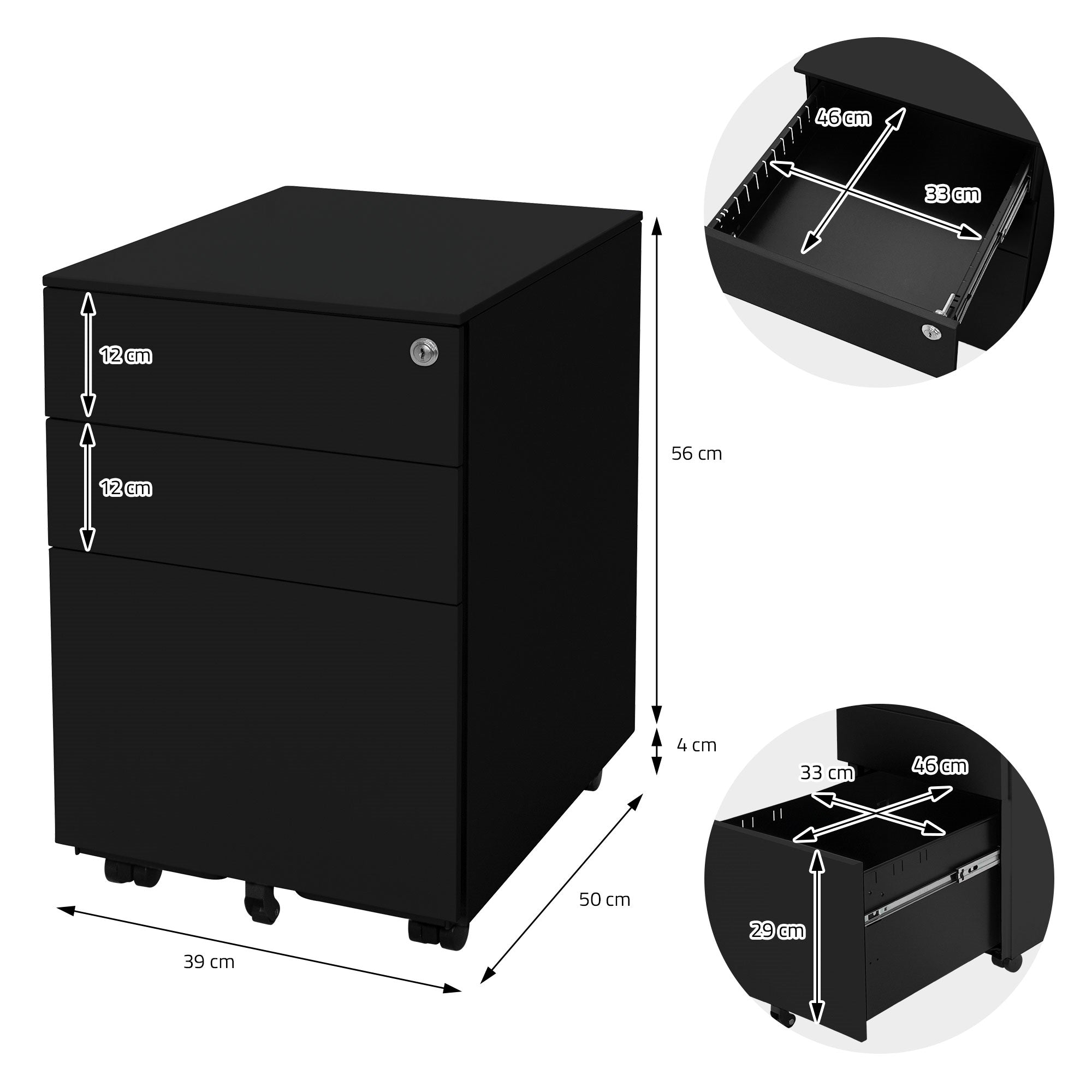 Conteneur à roulettes noir avec dimensions et compartiment ouvert.