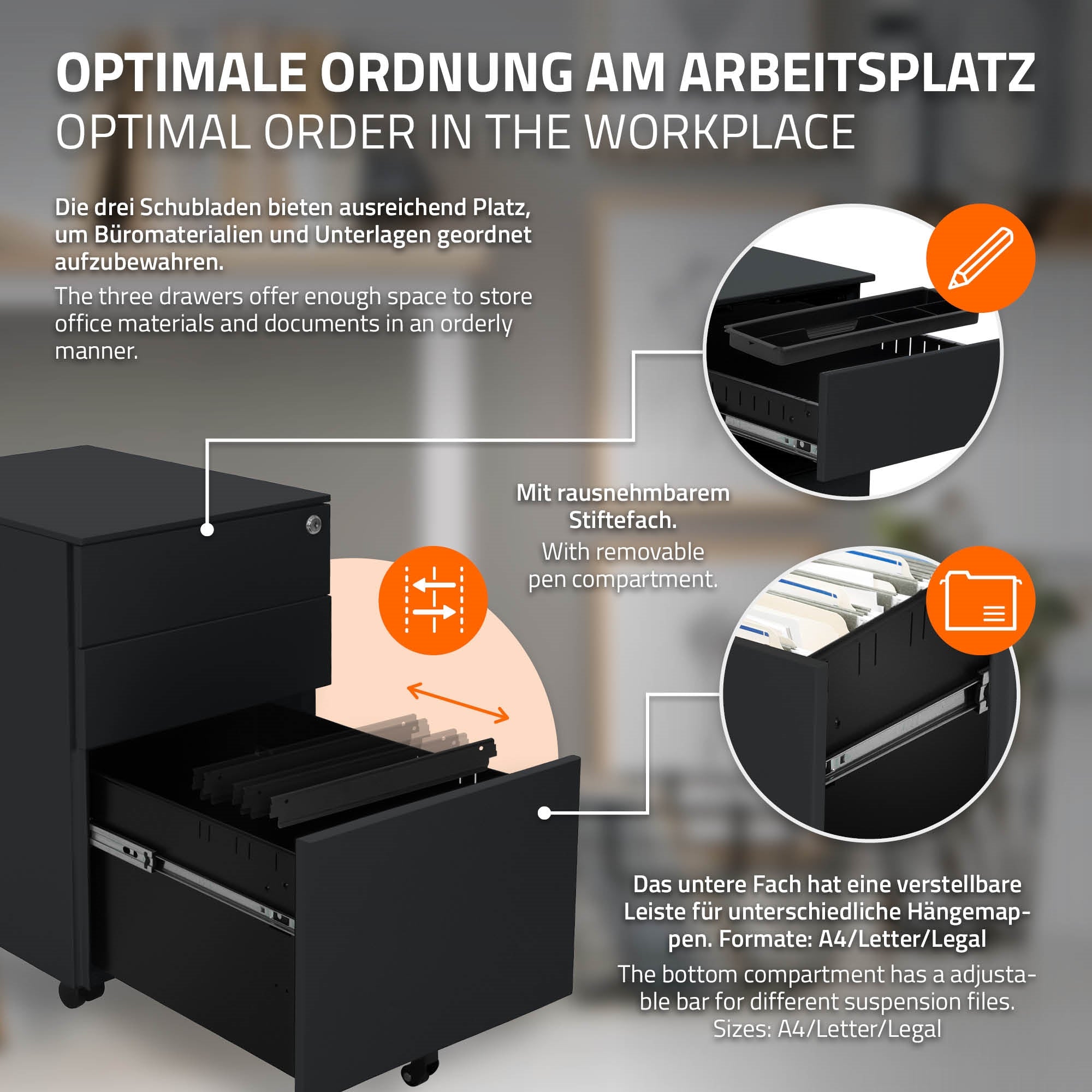 Graphic of a desk with drawers for optimal organization.