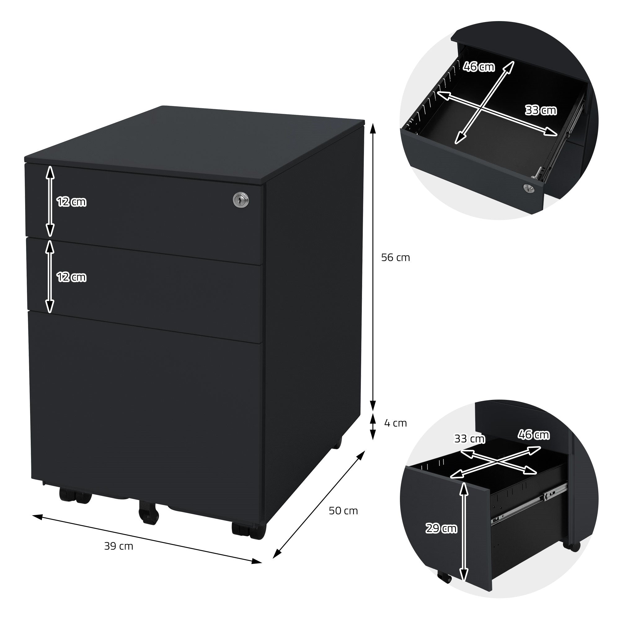 A black rolling container with measurements and an open drawer.