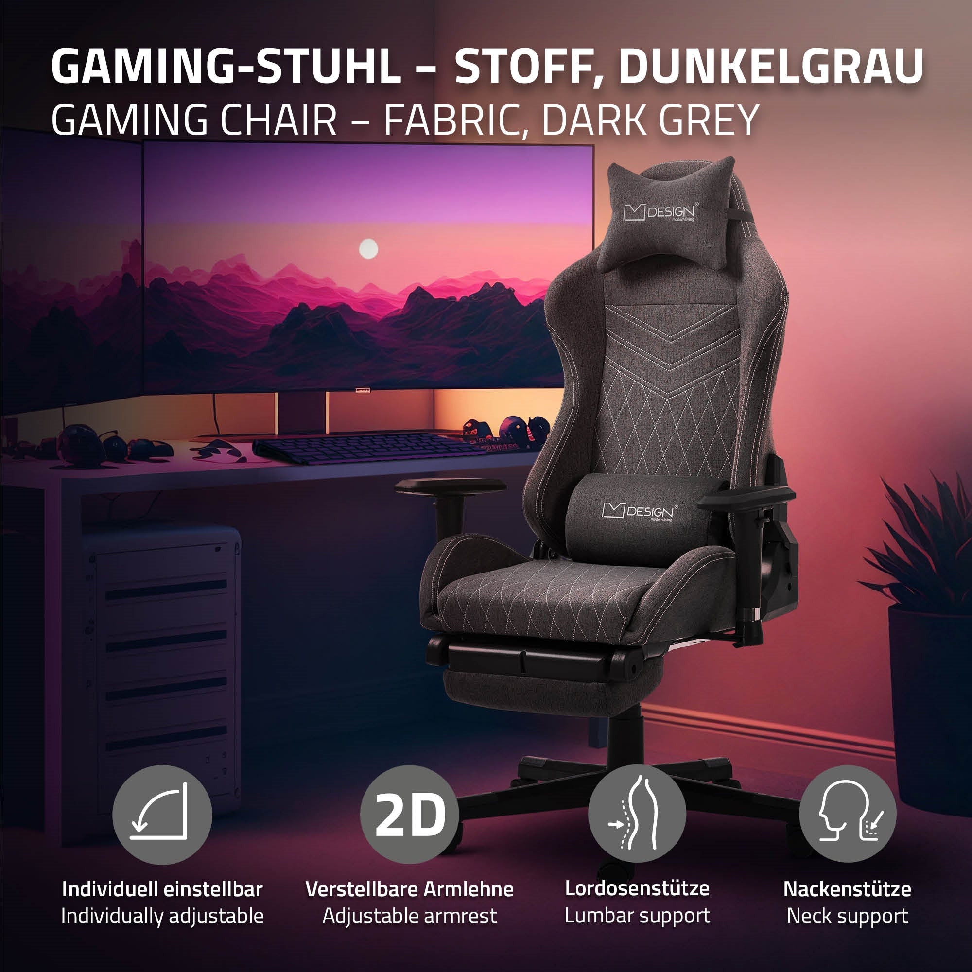 Chaise de gaming gris foncé avec accoudoirs réglables et support pour le cou.