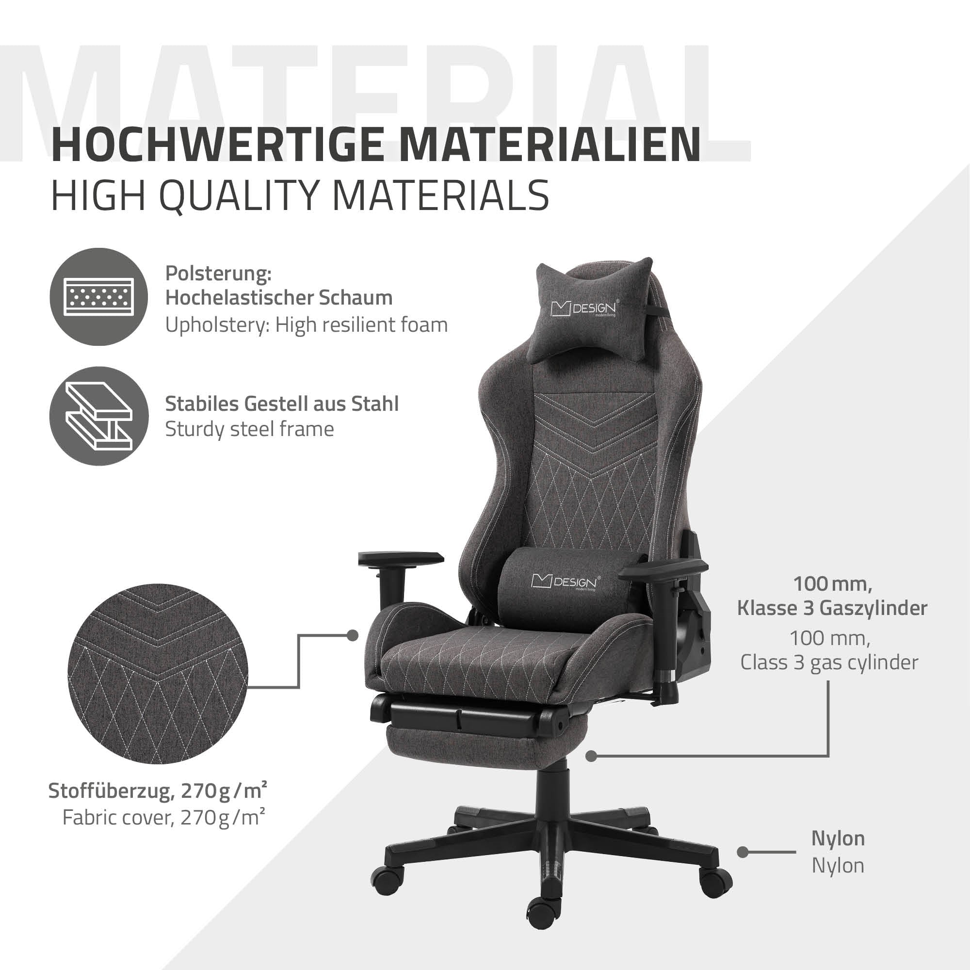 Graphique sur des matériaux de haute qualité de la chaise de gaming avec tissu et acier.