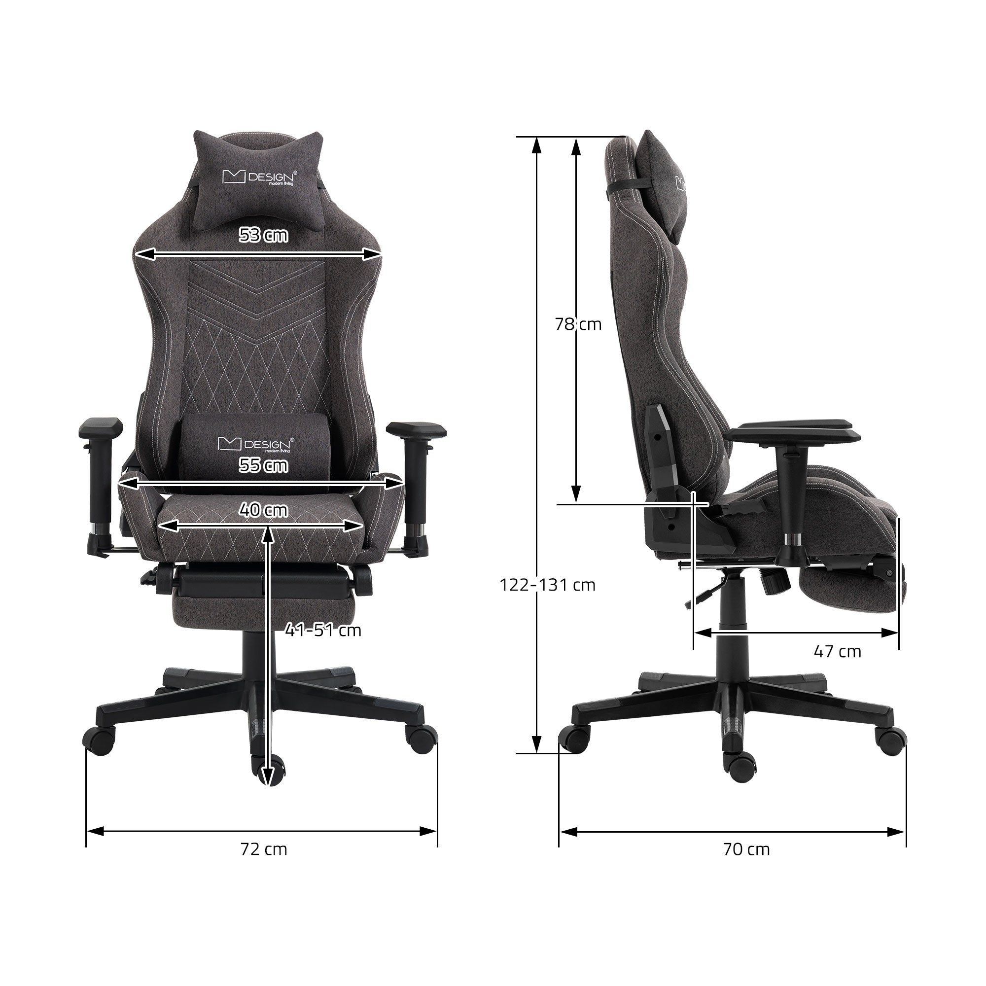Dessin technique d'une chaise de gaming avec dimensions et détails.