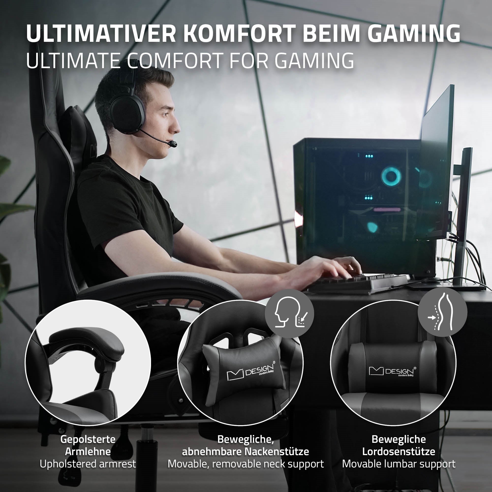Mann mit Headset sitzt an einem Schreibtisch vor einem PC, Gaming-Stuhl im Fokus.