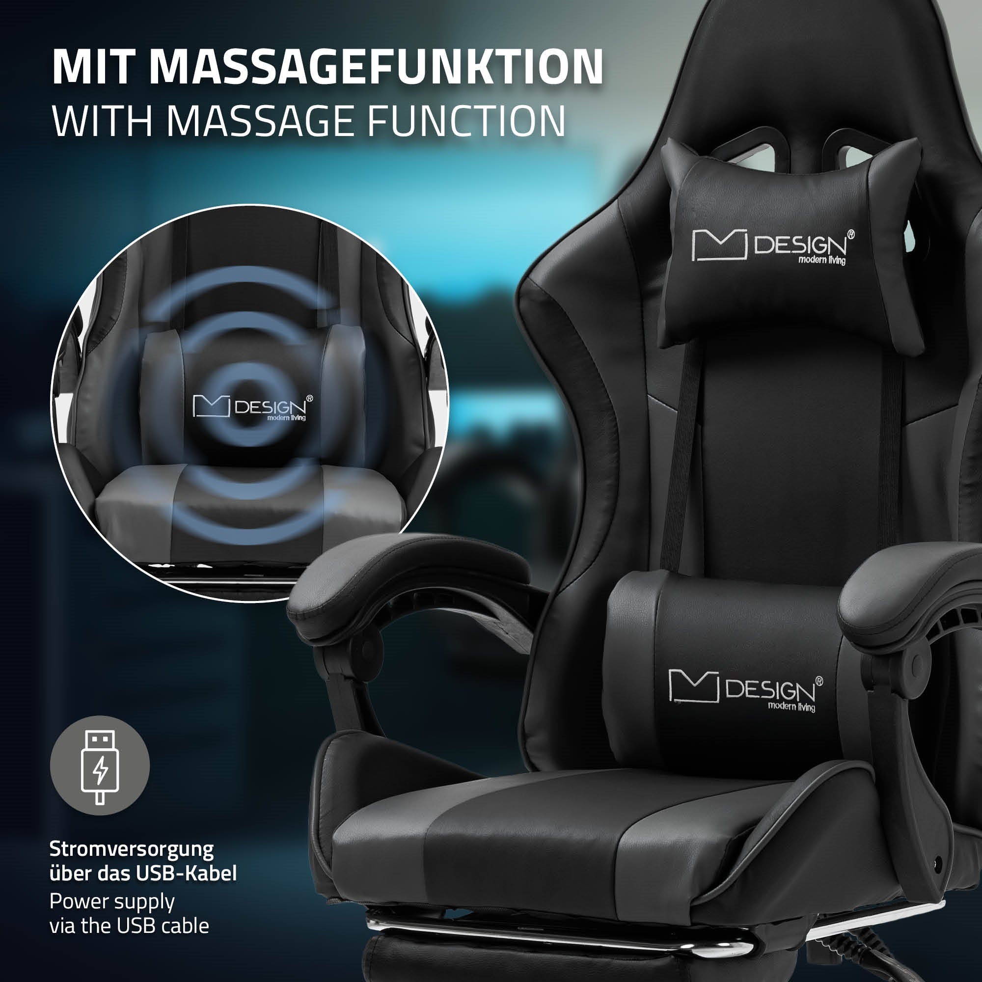 Schwarzer Gaming-Stuhl mit Massagefunktion, USB-Anschluss sichtbar.